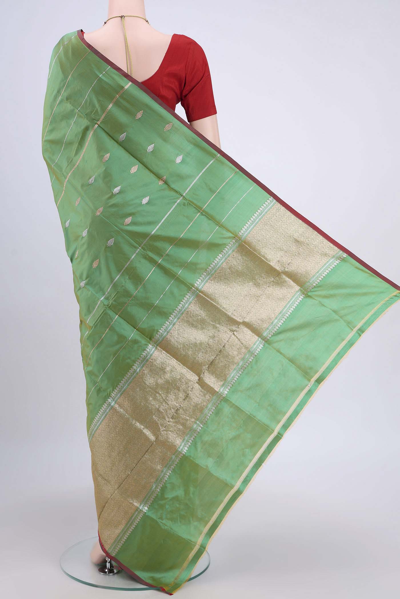 Green with Mustard Color Banarasi Katan Silk Saree - Image 3
