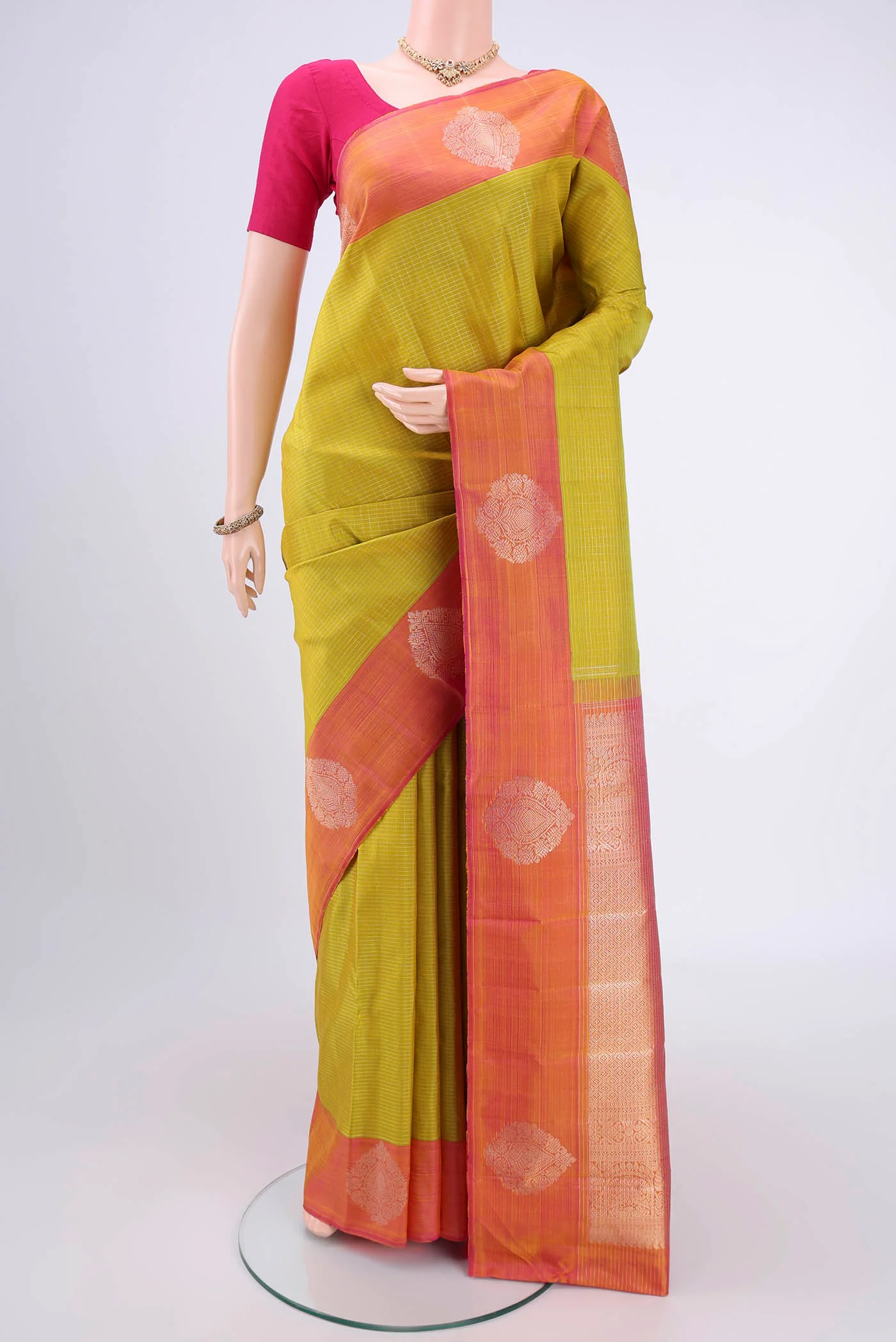 Pure Silk Pure Zari Acid Green Kanjivaram Saree