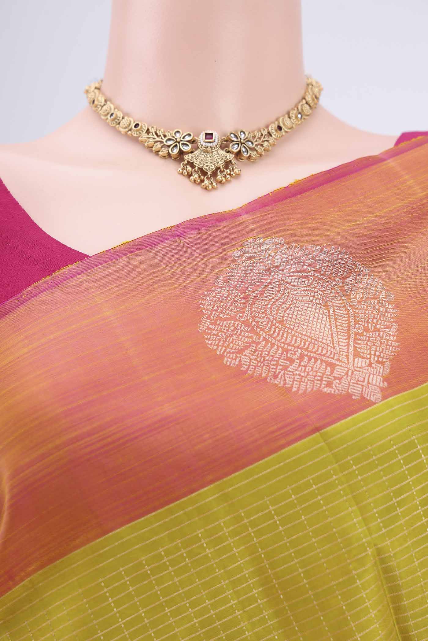 Pure Silk Pure Zari Acid Green Kanjivaram Saree - Image 2