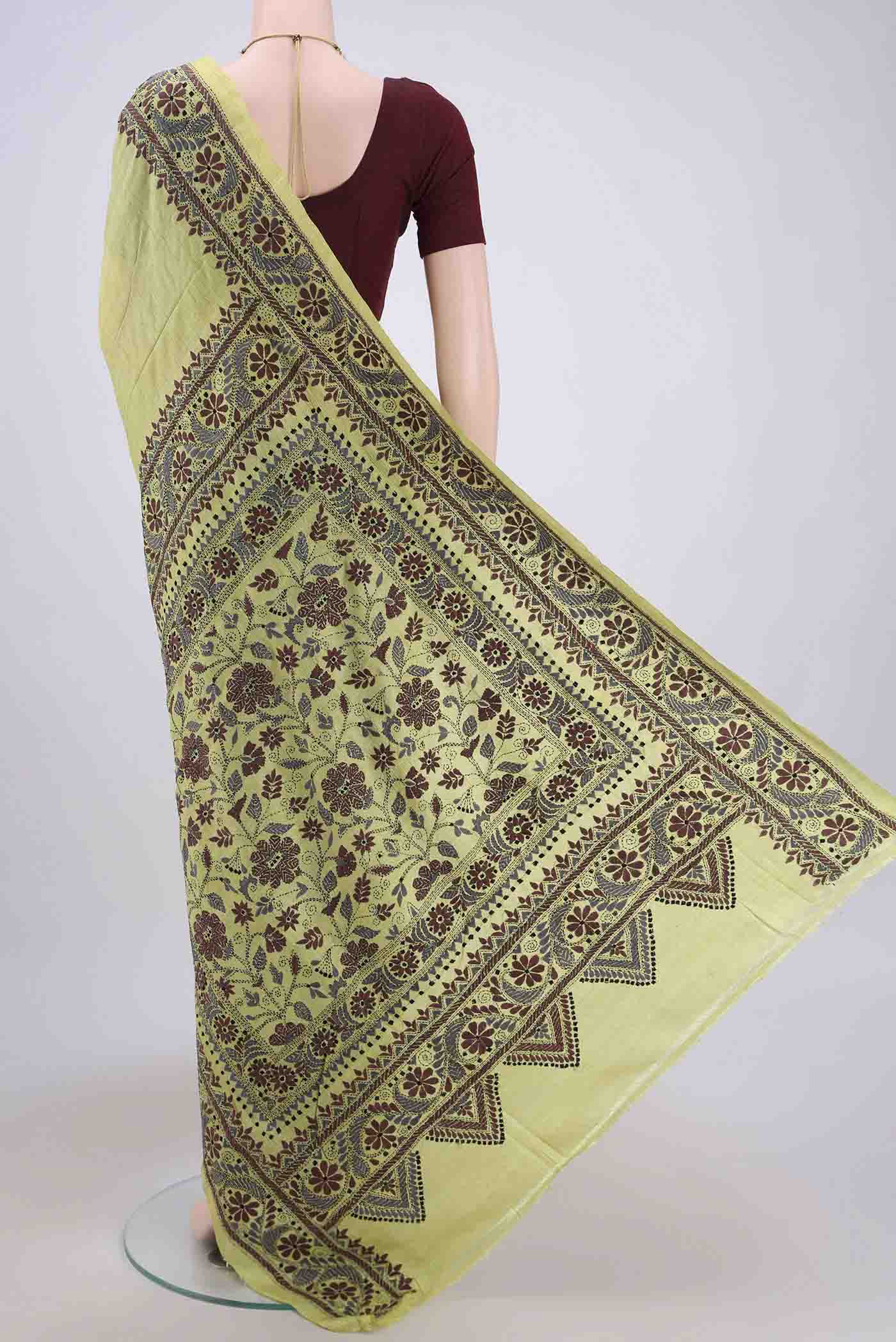 Lemon Yellow Tussar Silk Saree - Image 3