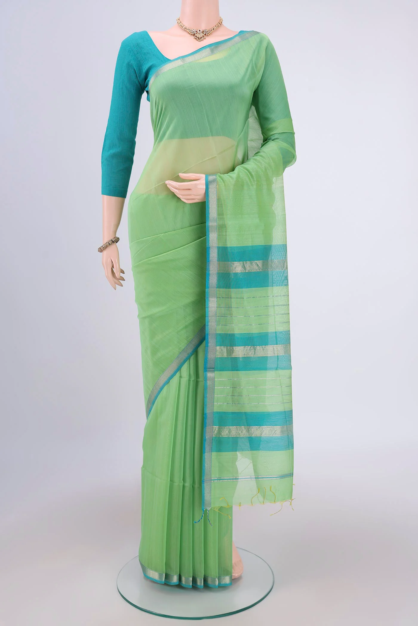 Light Green Maheshwari Silk Cotton Saree