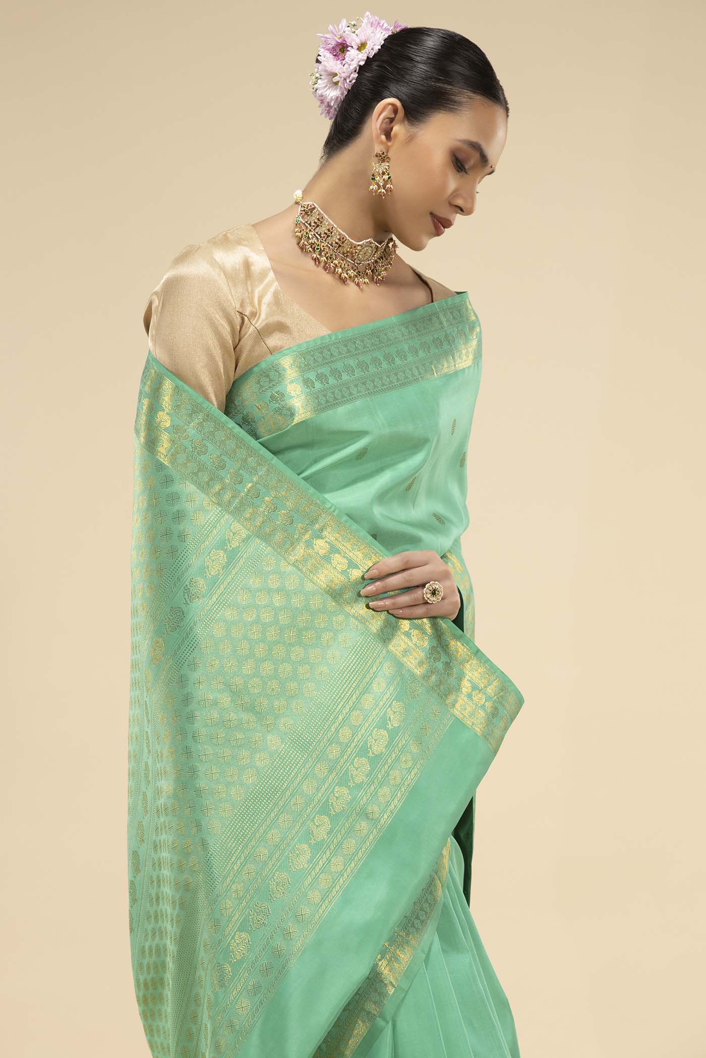 Anudhyana-Turquoise Kanchipuram Silk Saree - Image 2