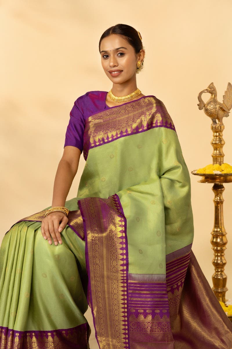 Anugraha-Pista Green Kanchipuram Silk Saree - Image 4