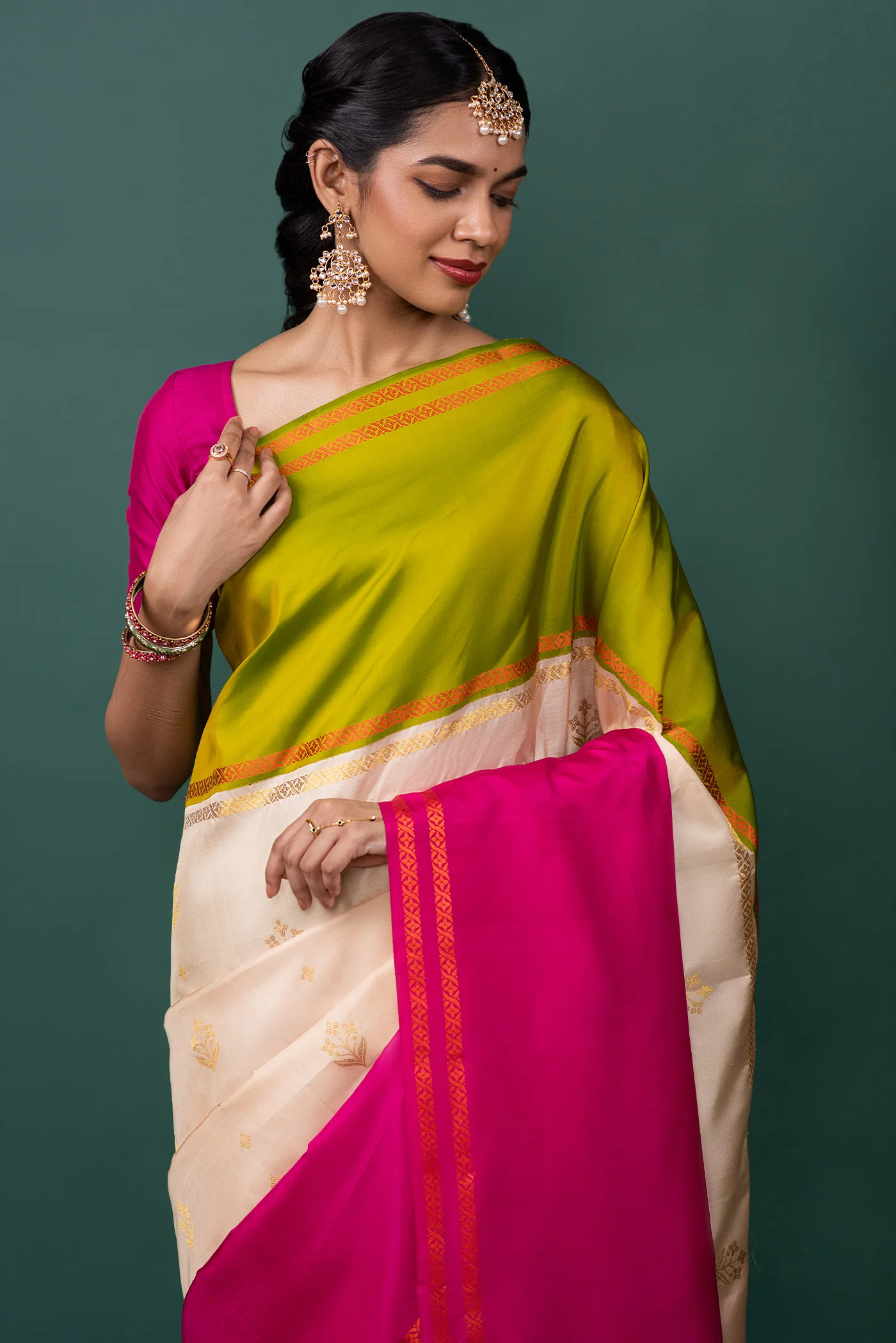 Arunima - Off White Muppagam Kanchipuram Silk Saree - Image 4