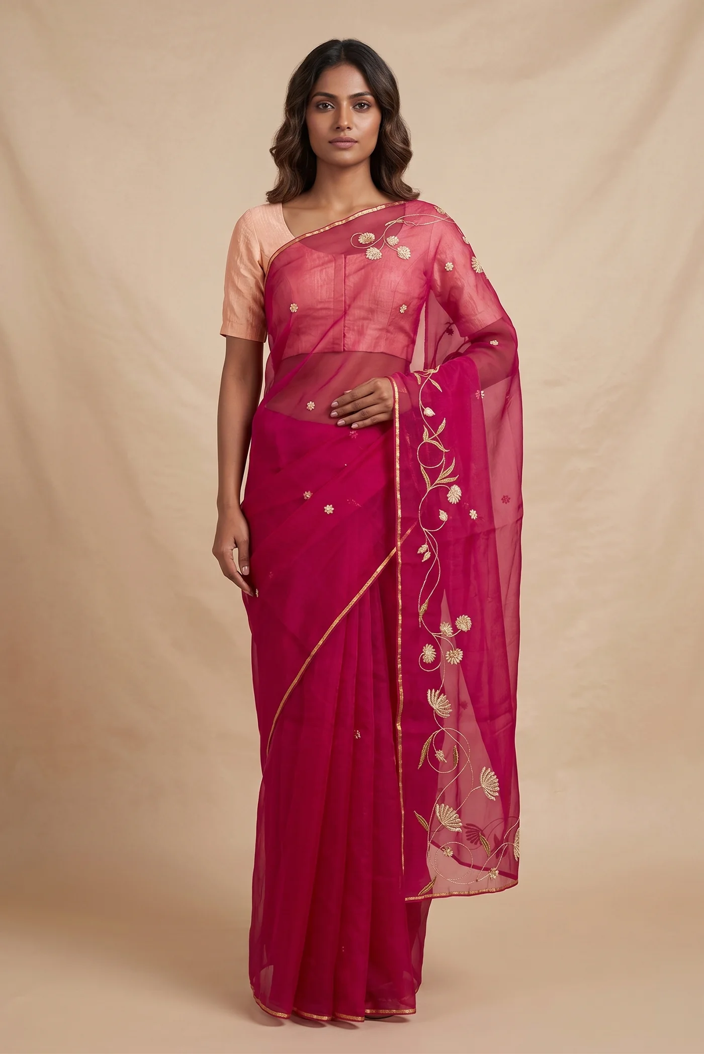 Bahar-Ruby Red Organza Silk Saree