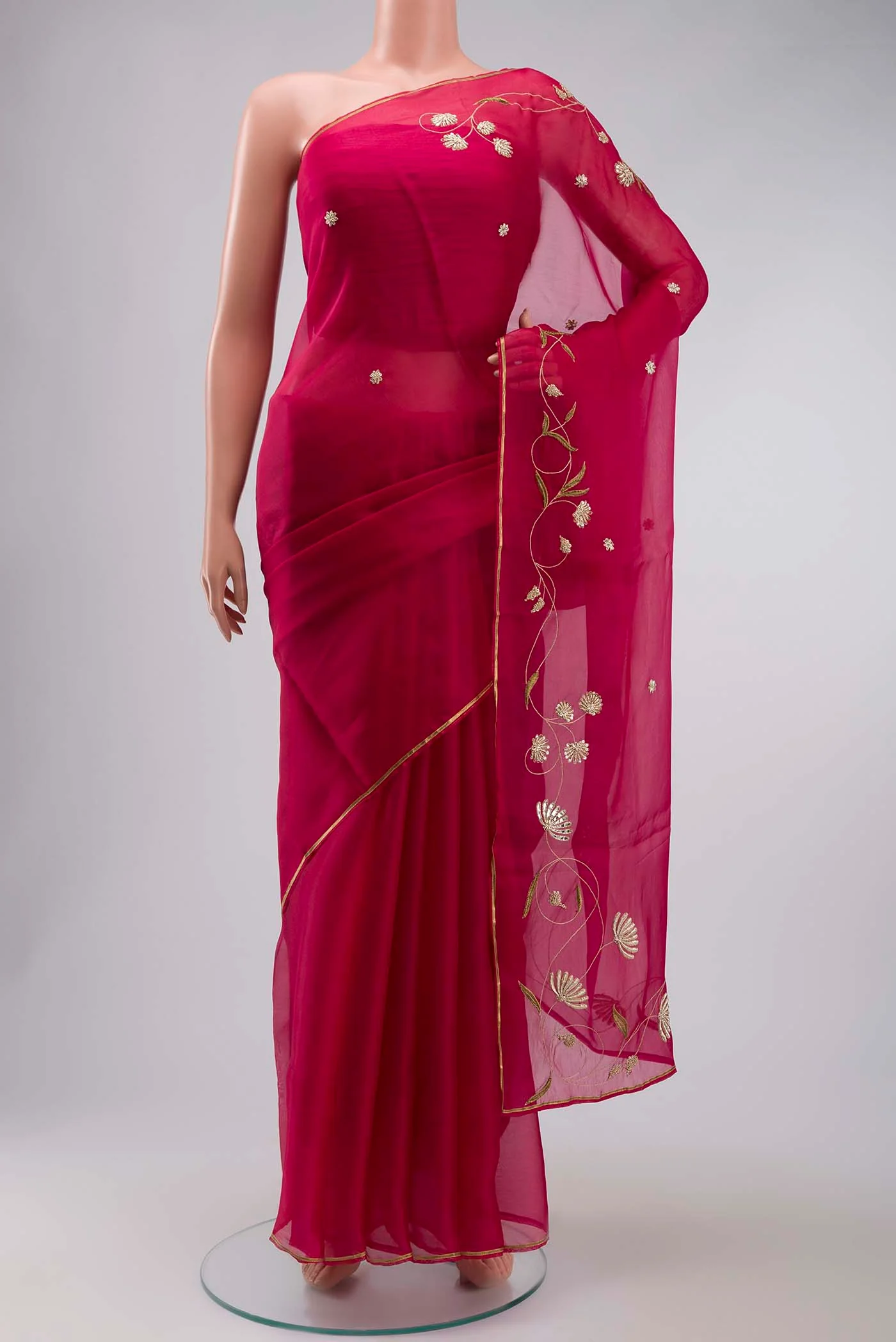 Bahar-Ruby Red Organza Silk Saree - Image 2