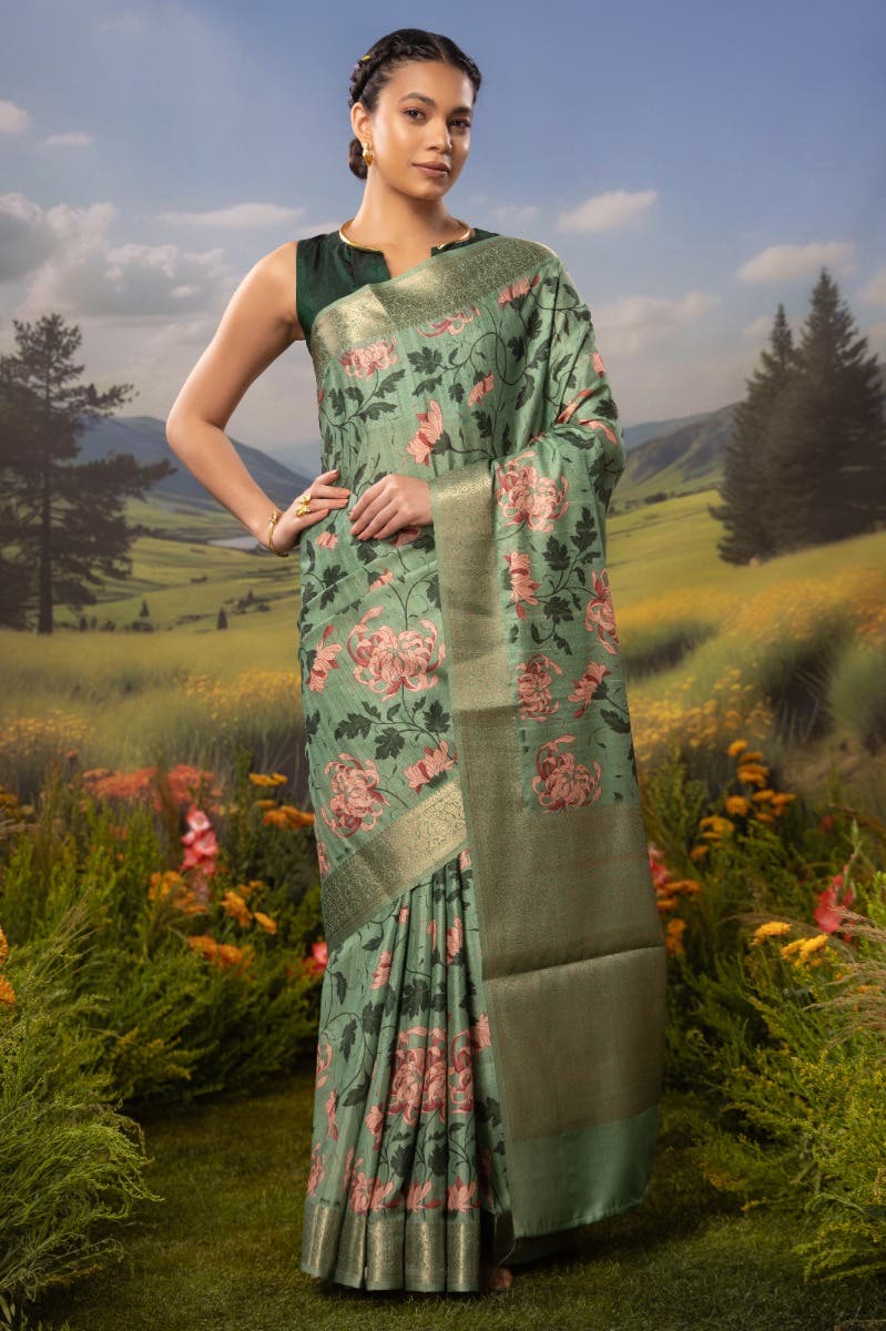 Bed of Flowers-Green Tussar Silk Saree - Image 2