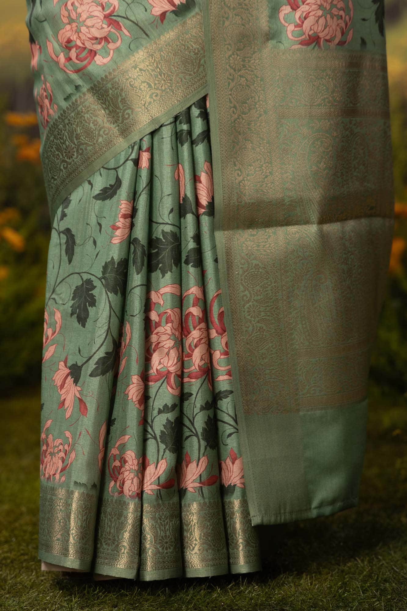 Bed of Flowers-Green Tussar Silk Saree - Image 4