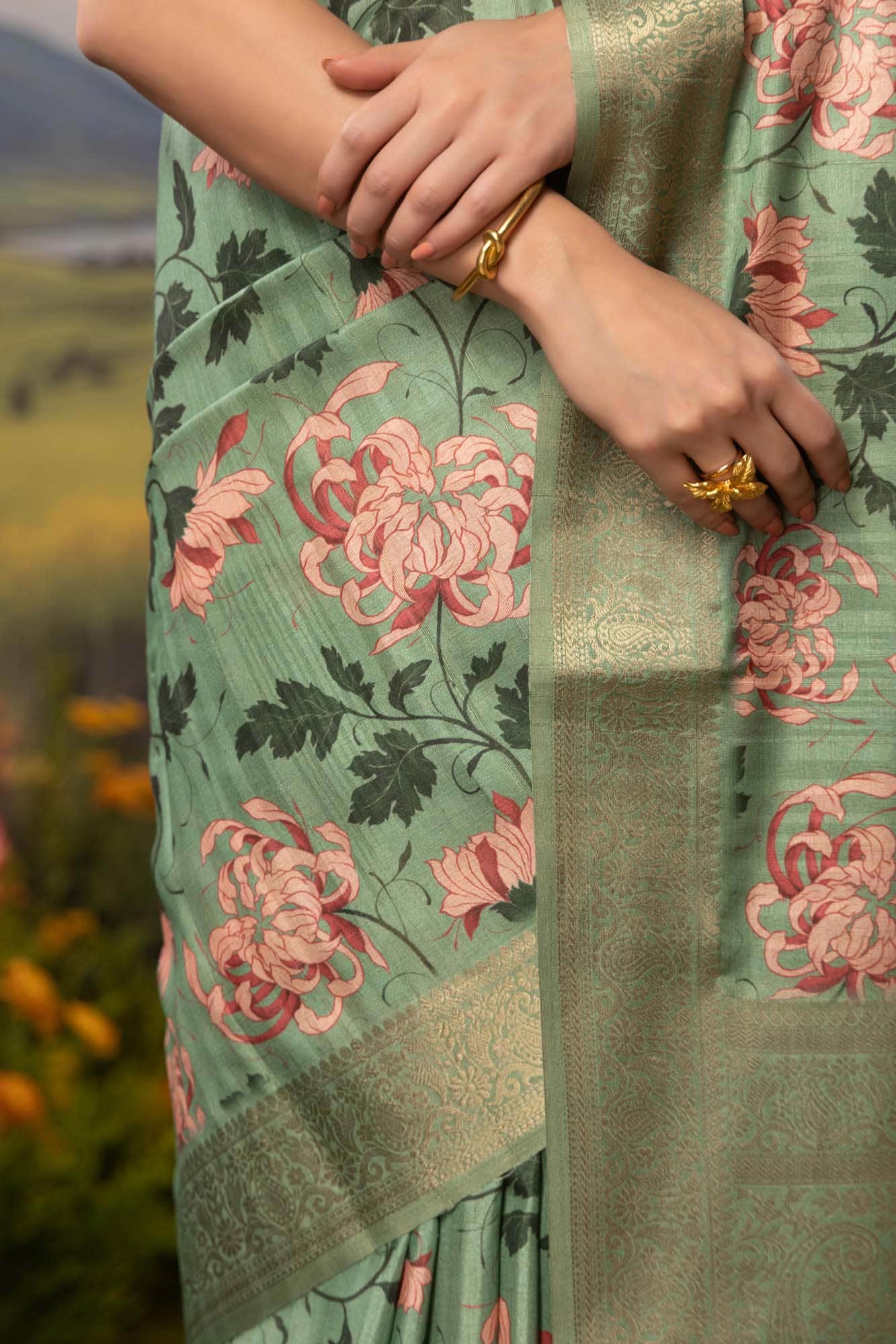 Bed of Flowers-Green Tussar Silk Saree - Image 5