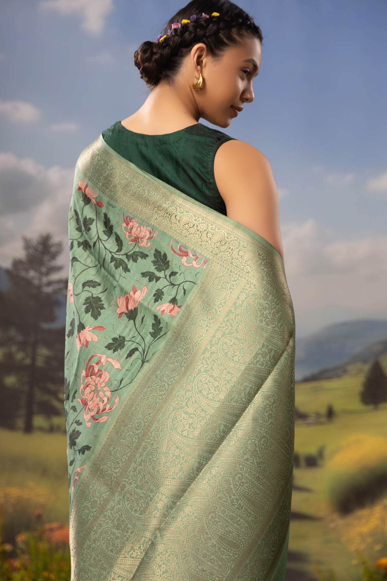 Bed of Flowers-Green Tussar Silk Saree - Image 6