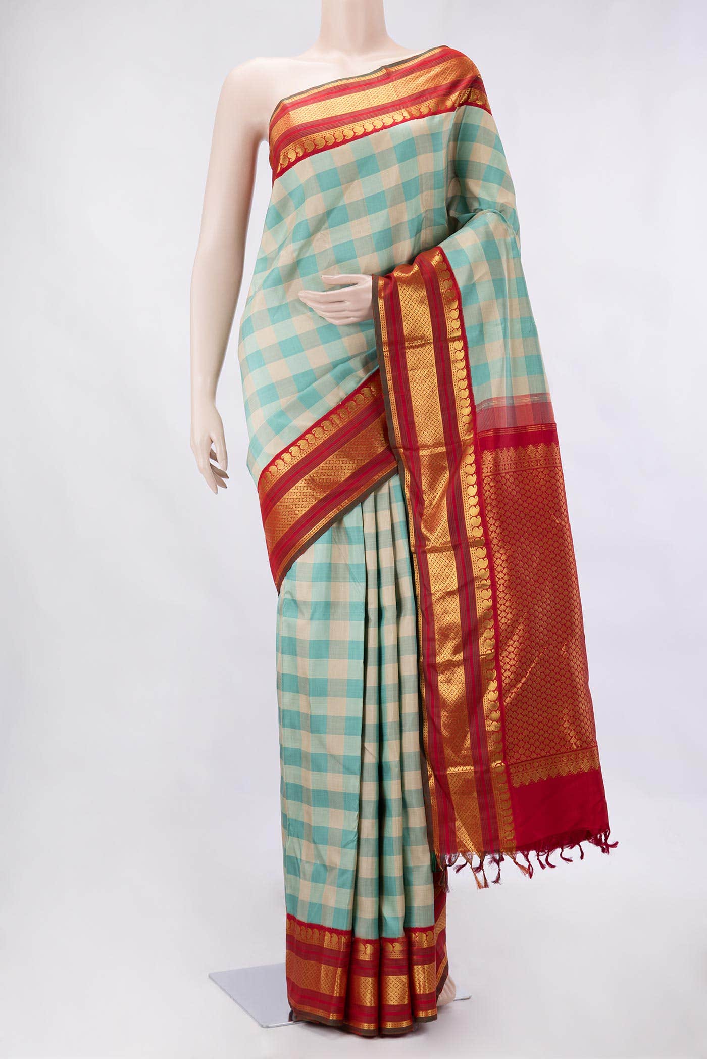 Pure Silk Pure Zari Beige and Sky Blue Dual Tone Kanjivaram Saree