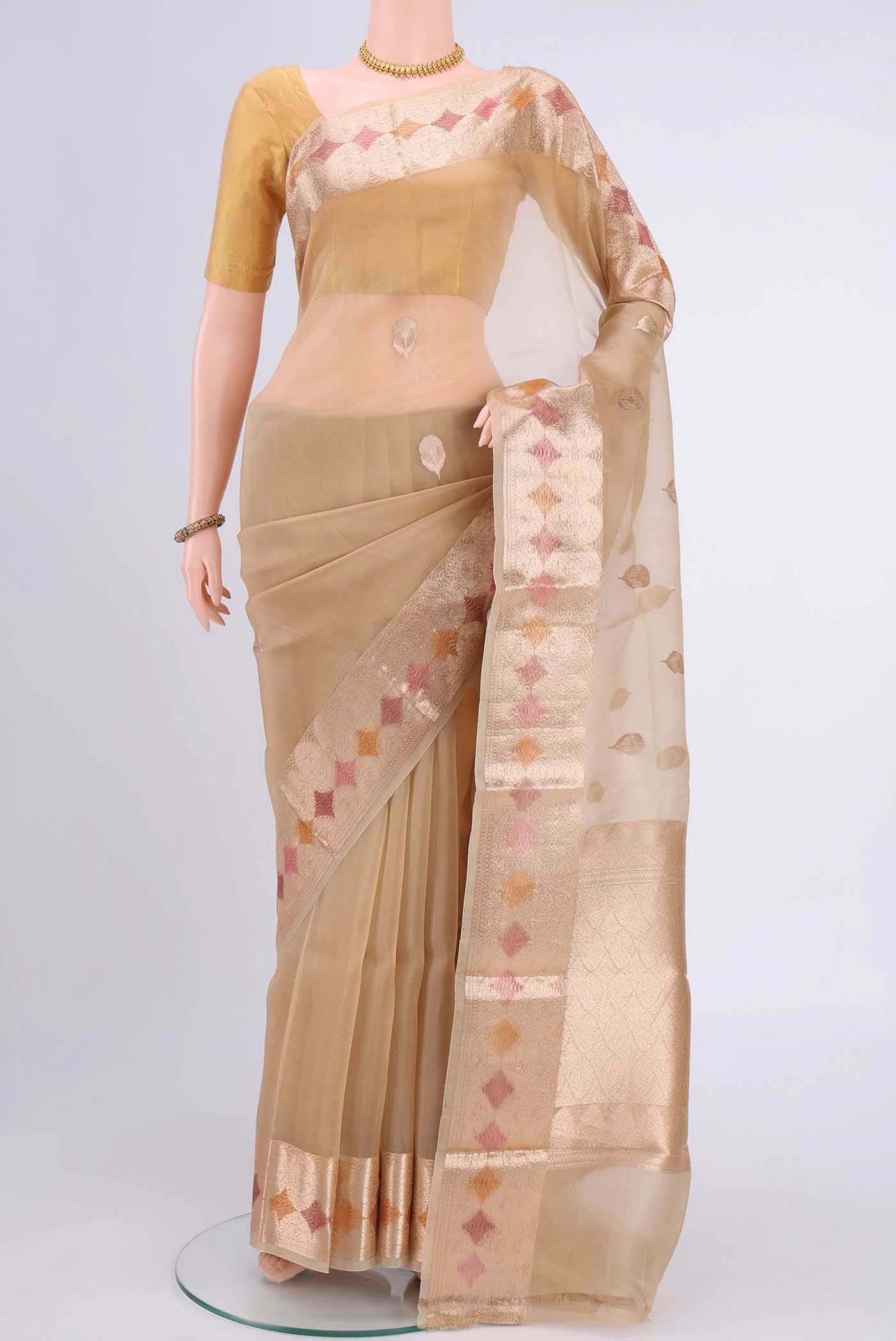 Beige Organza Silk Saree