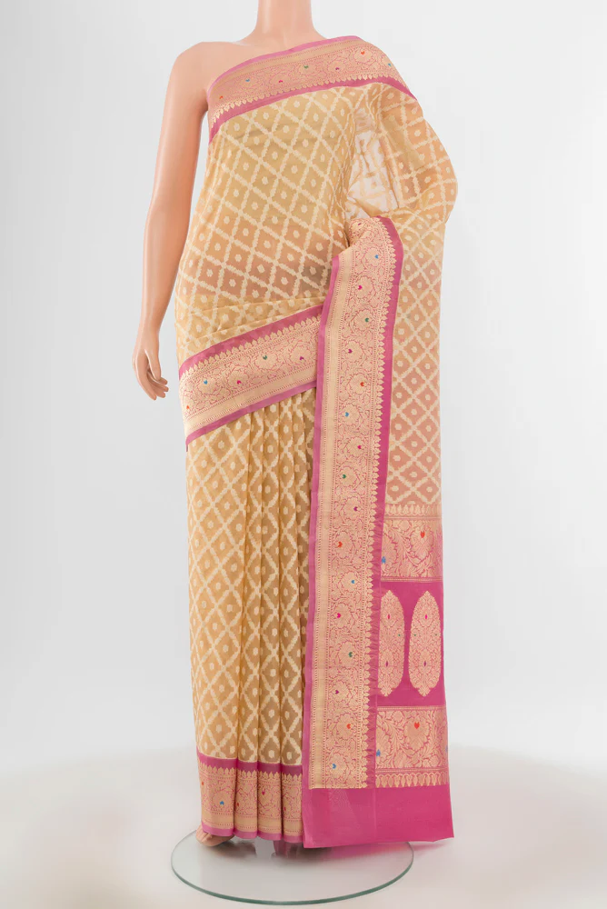 Cream Banarasi Kora Silk Saree