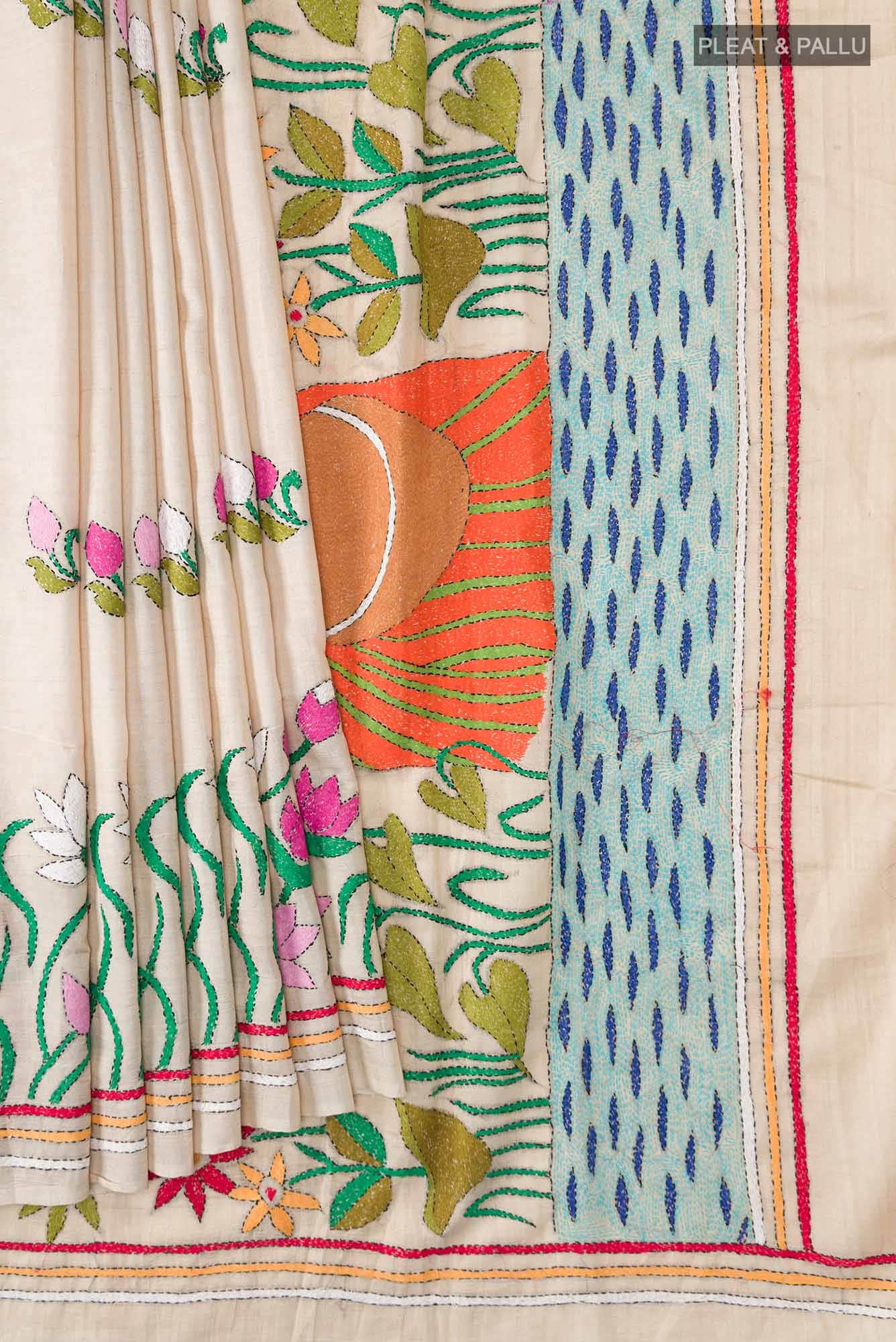 Beige Bhagalpuri Tussar Silk Saree - Image 2