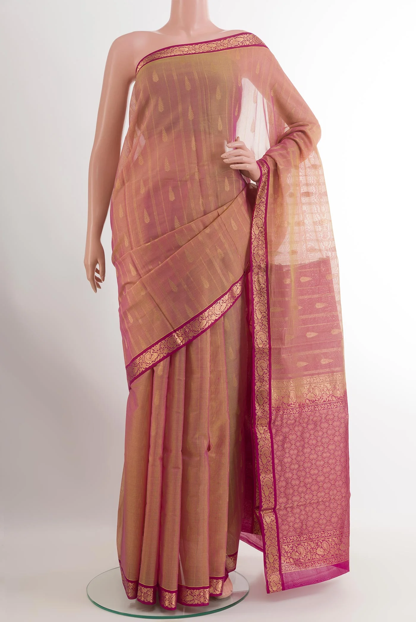 Pinkish Yellow Dual Tone Silk Cotton Saree