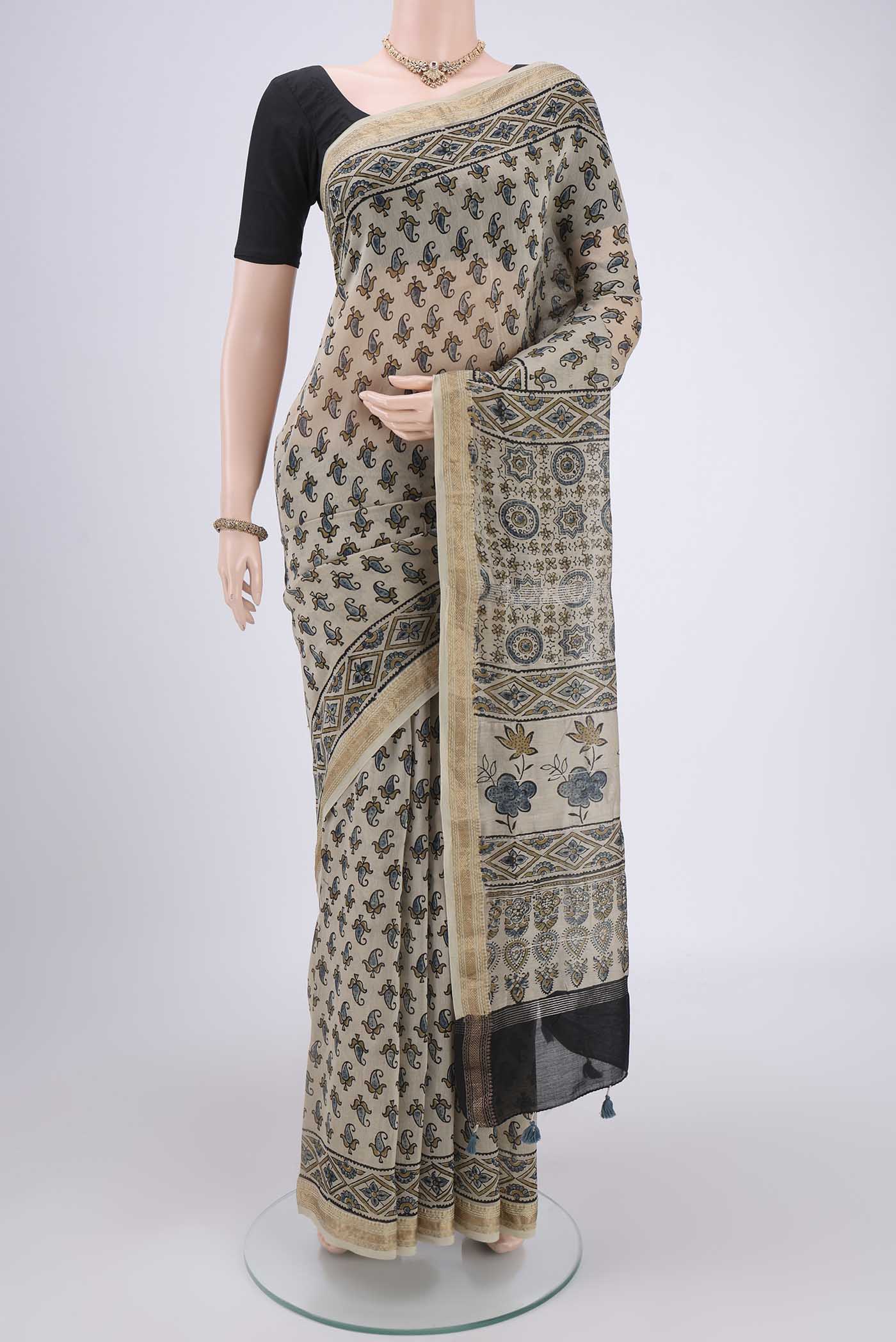 Beige Chanderi Silk Cotton Saree