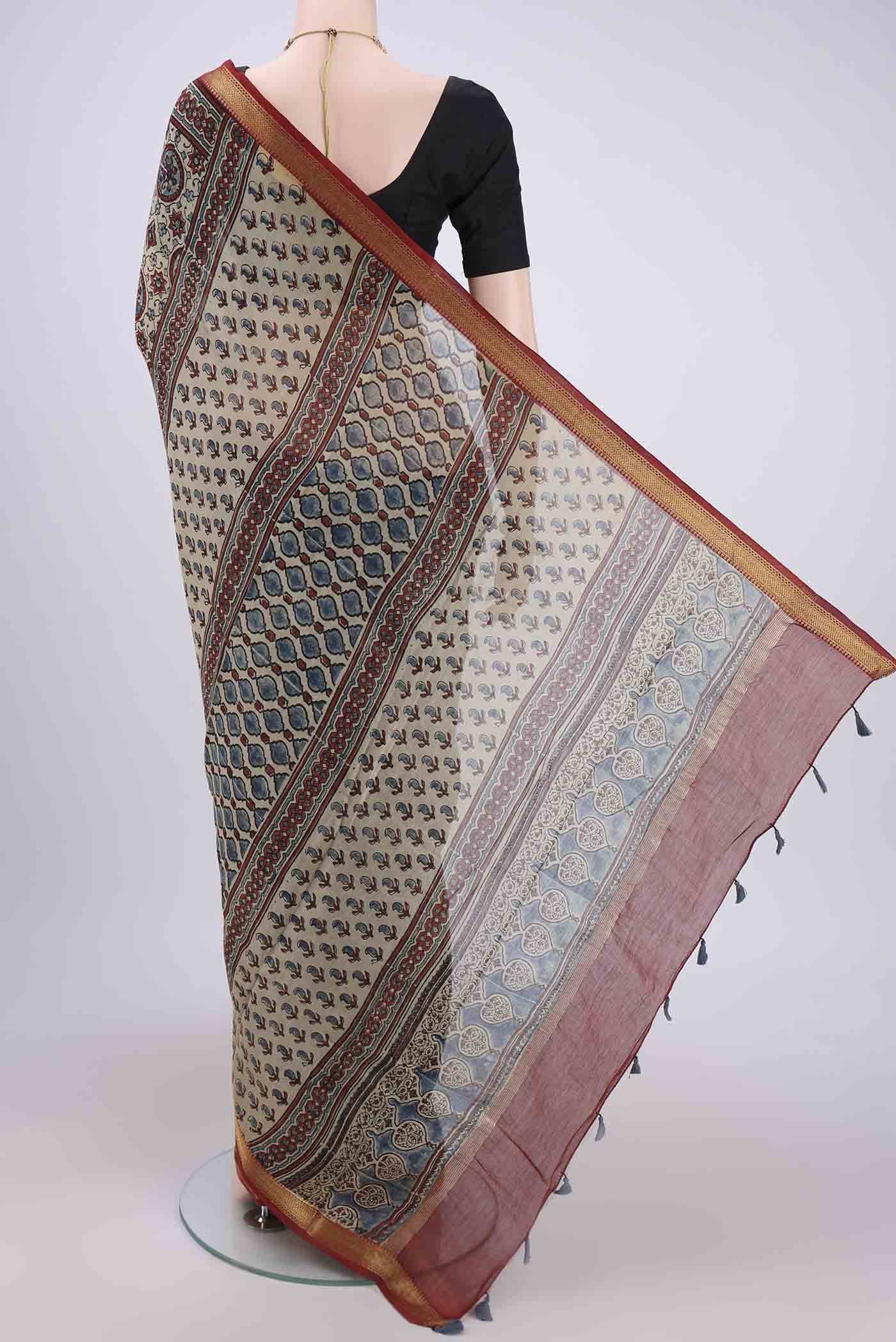 Beige Chanderi Silk Cotton Saree - Image 3