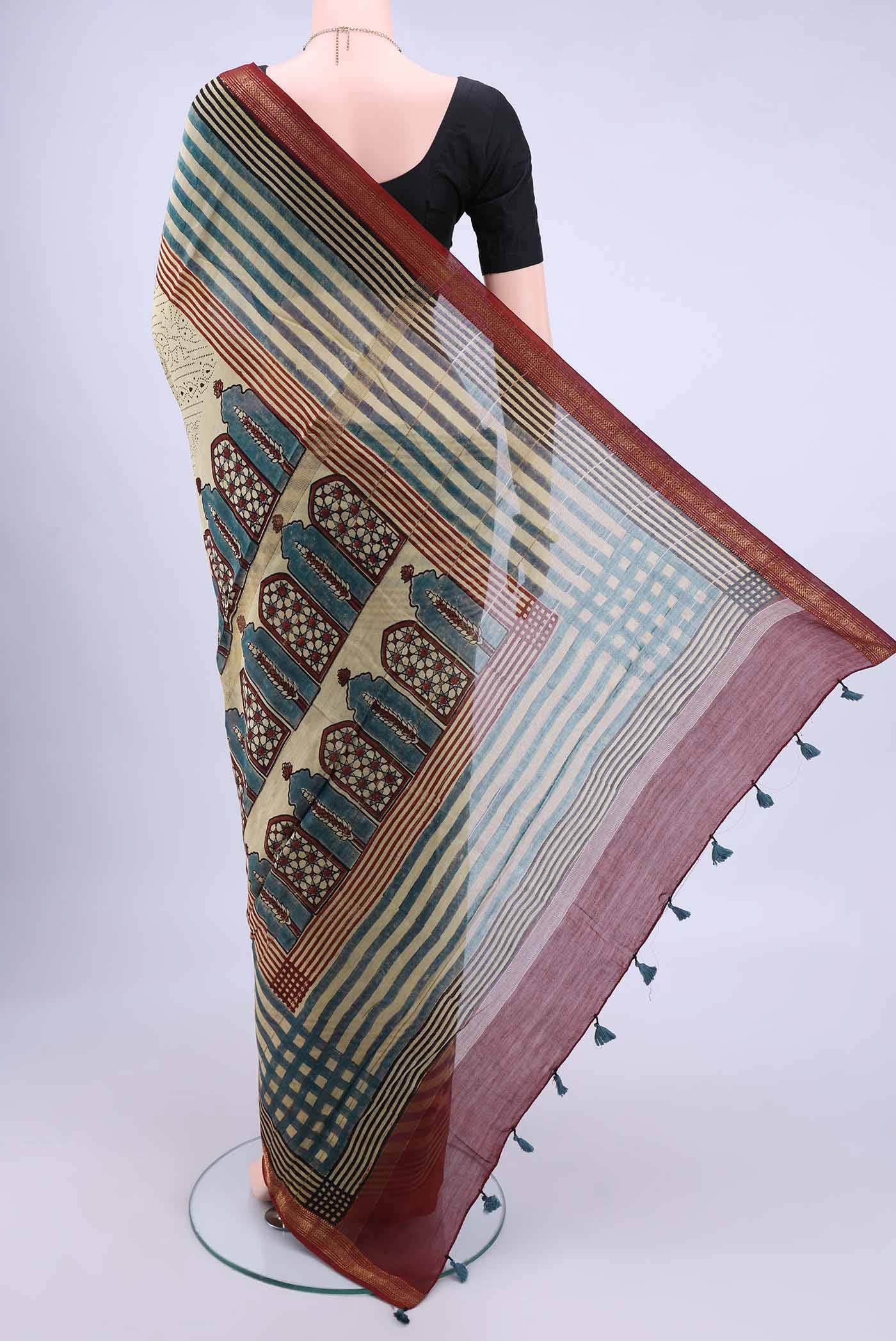 Beige Chanderi Silk Cotton Saree - Image 2