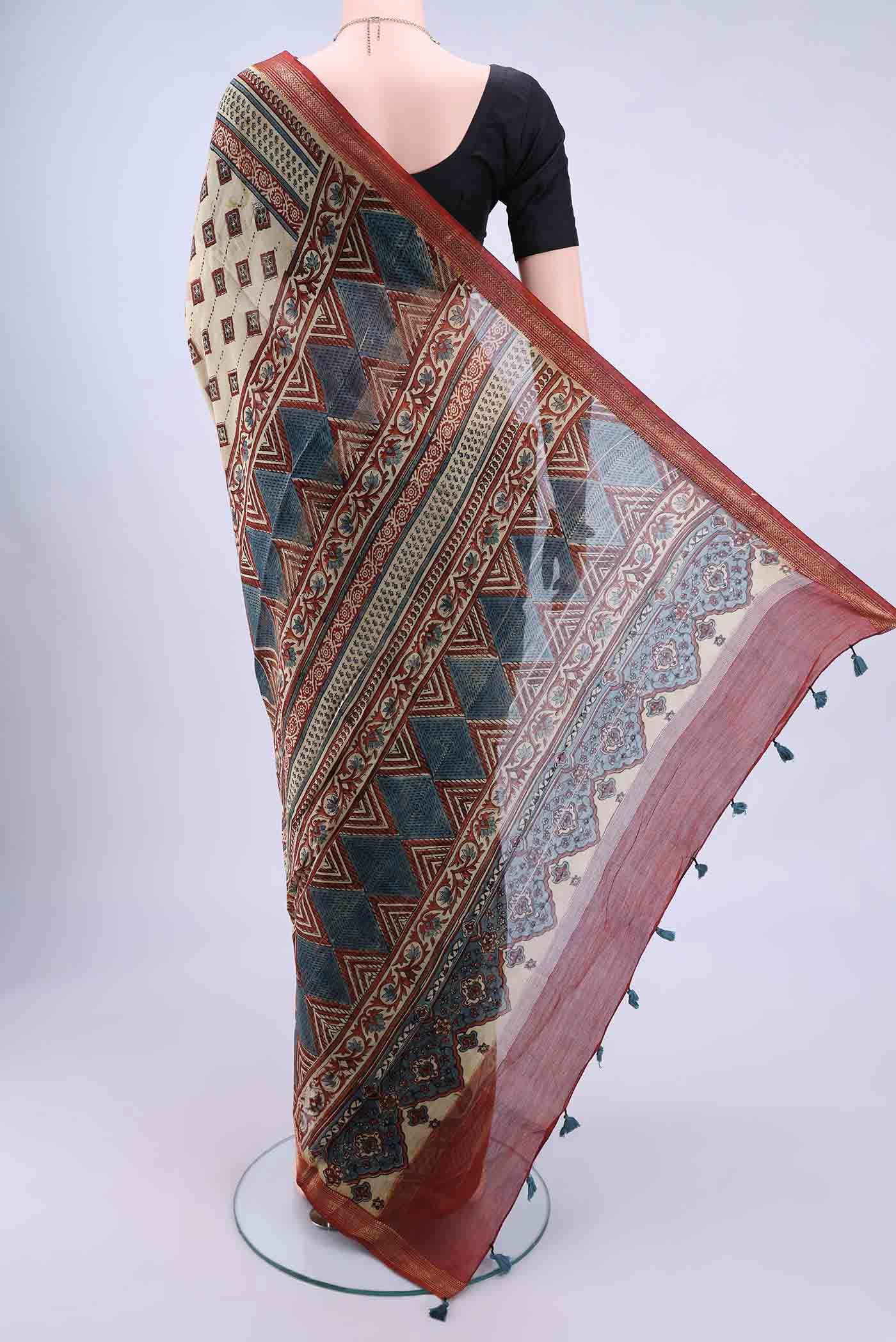 Beige Chanderi Silk Cotton Saree - Image 2
