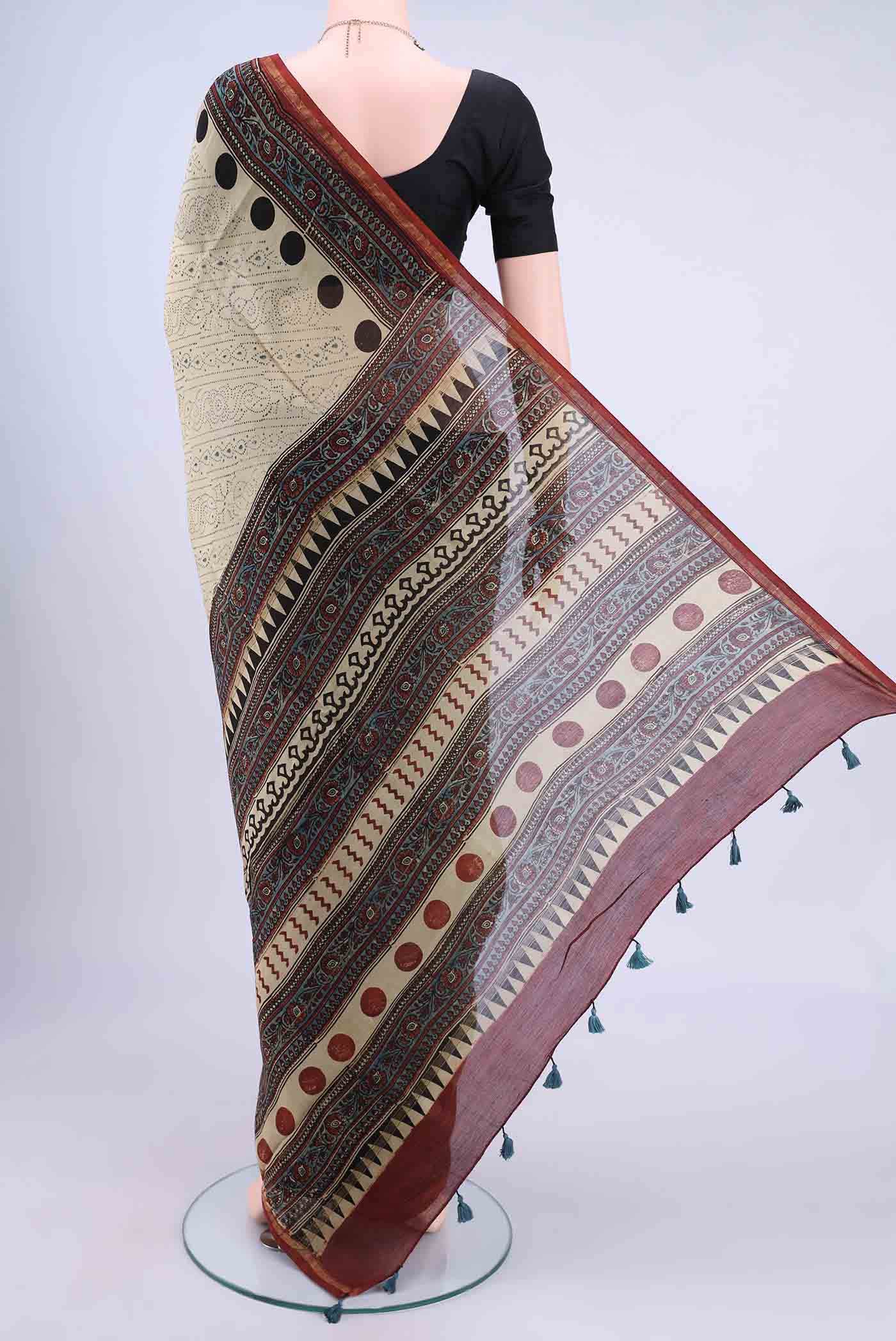 Beige Chanderi Silk Cotton Saree - Image 2