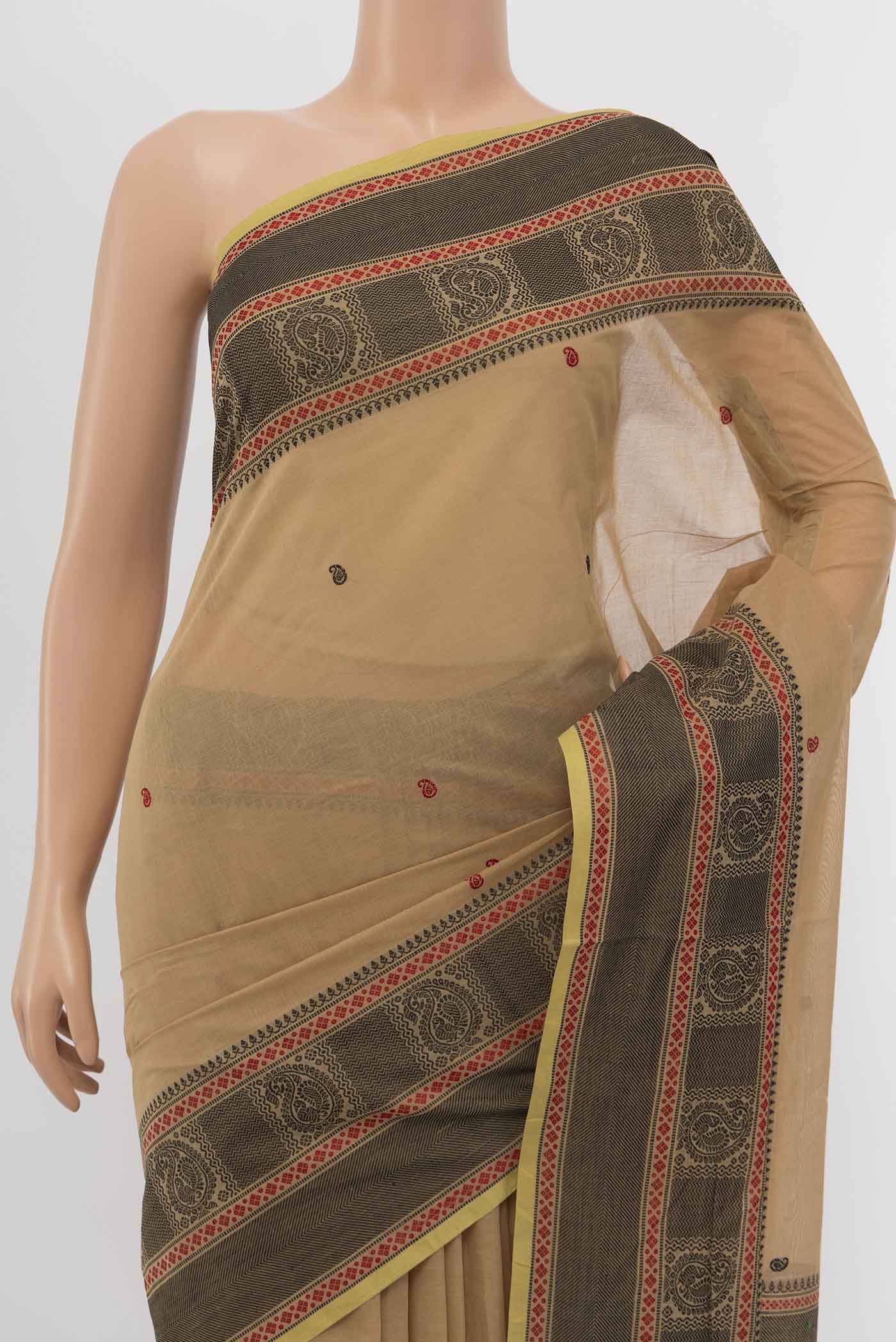 Beige Chettinad Cotton Saree - Image 2