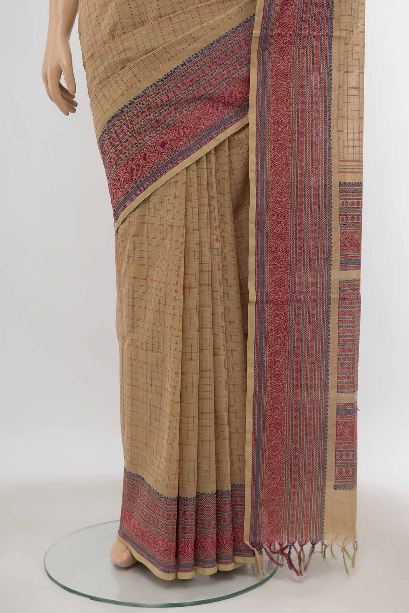 Beige Chettinad Cotton Saree - Image 3