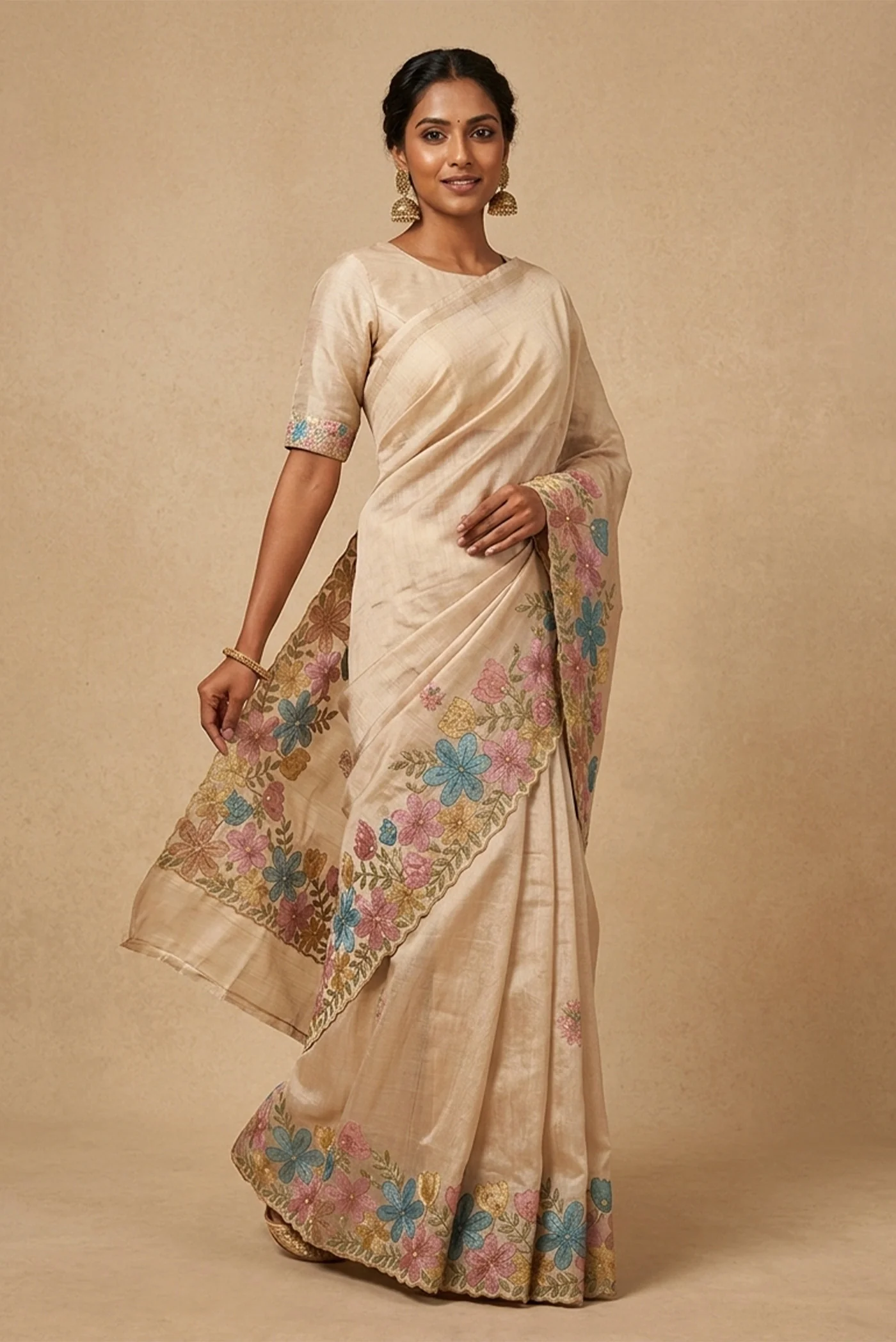 Beige Dual Tone Blended Organza Silk Saree