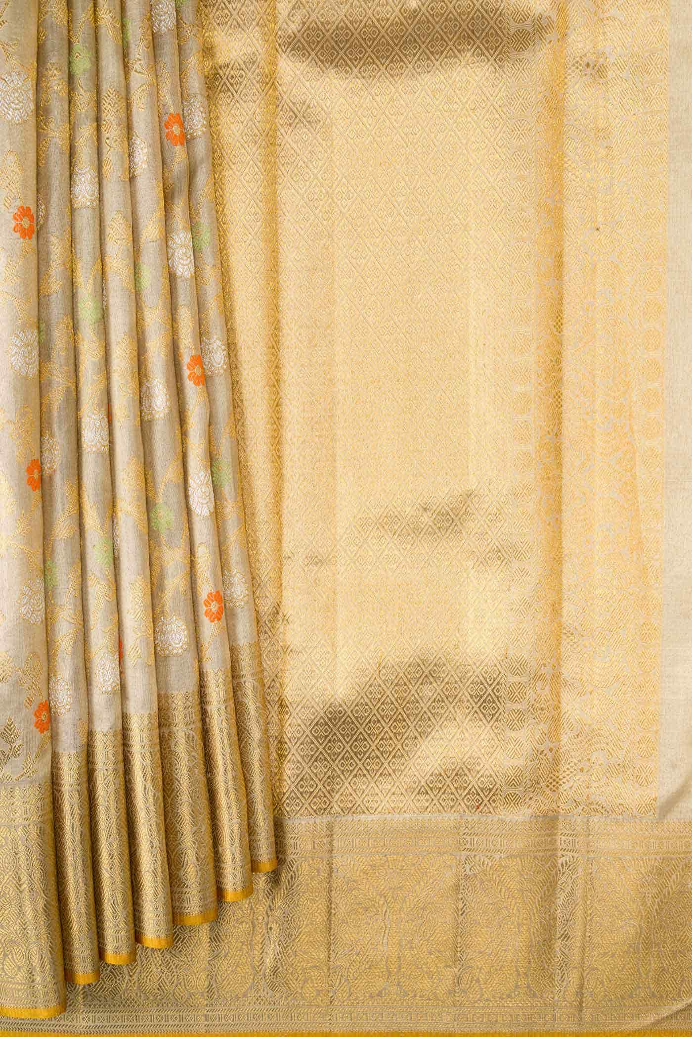 Pure Silk Pure Zari Beige Dual Tone Kanjivaram Tissue Saree - Image 2