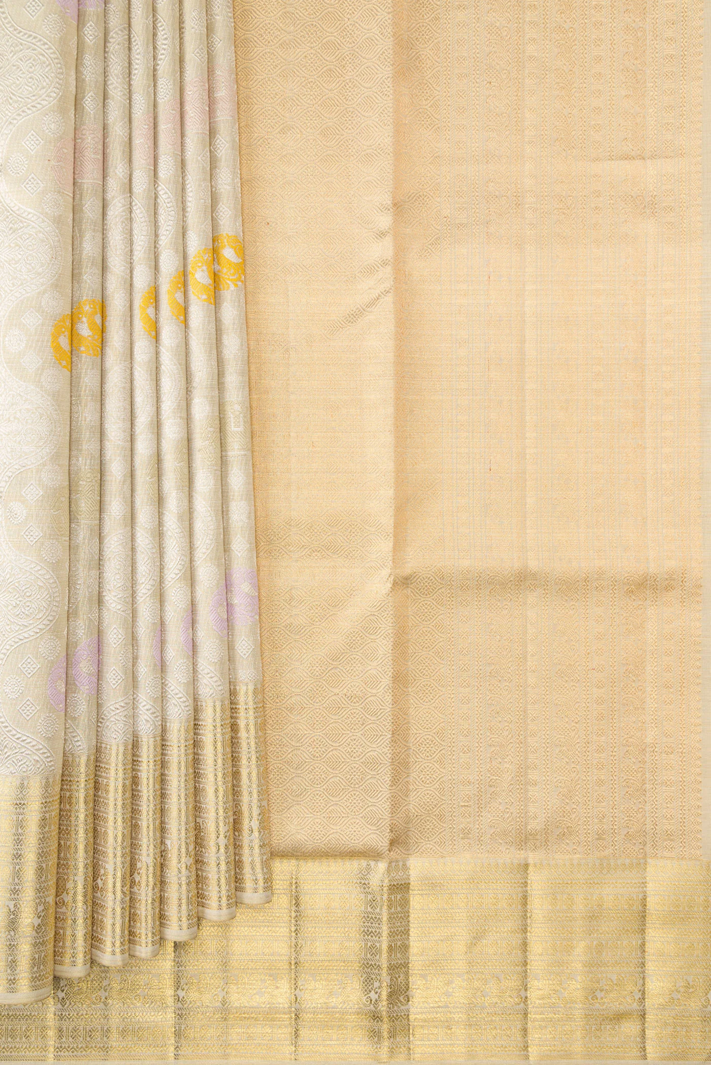Cream with Gold Color Kanjivaram Tissue Silk Saree - Image 4