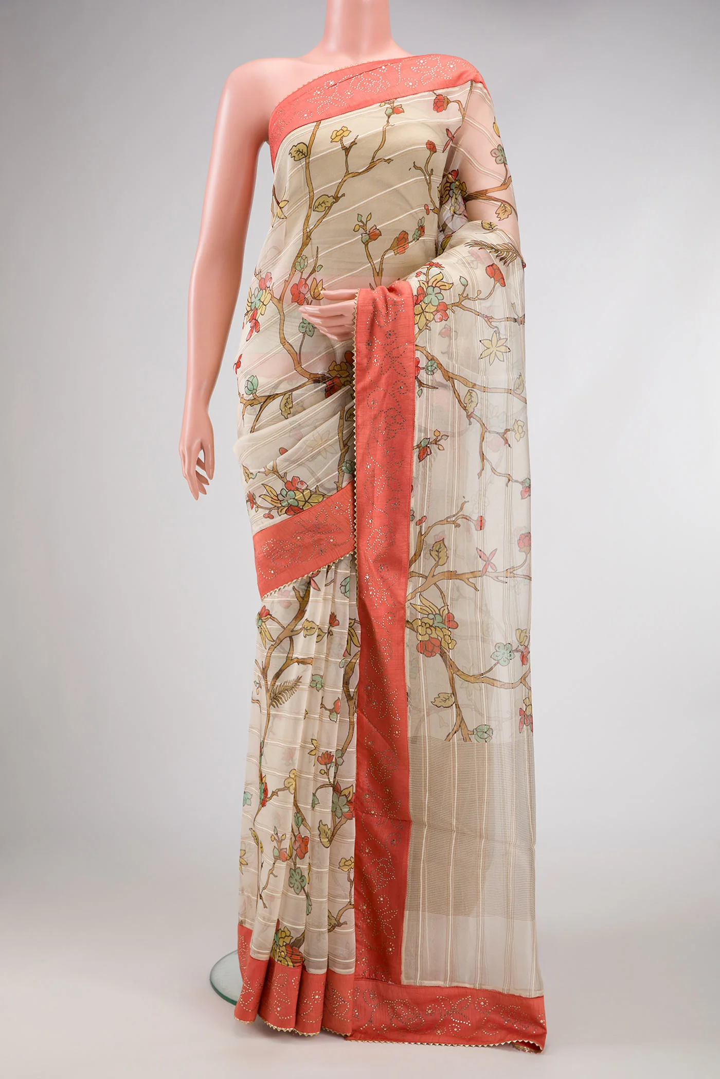 Cream Organza Silk Saree