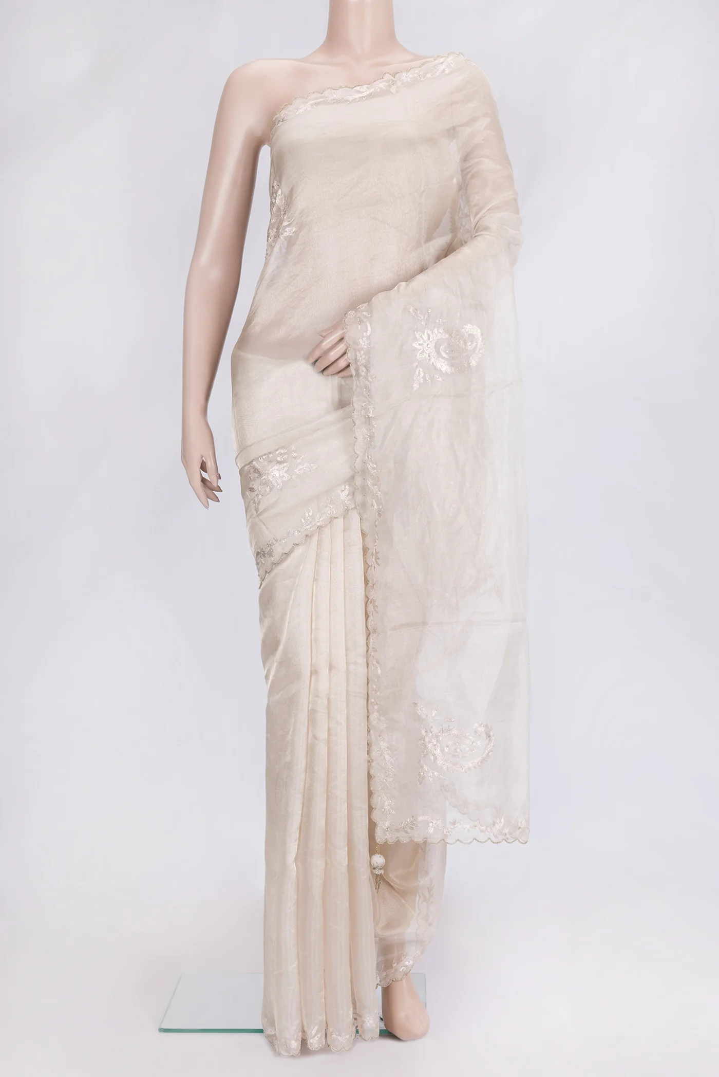 Cream Organza Silk Saree
