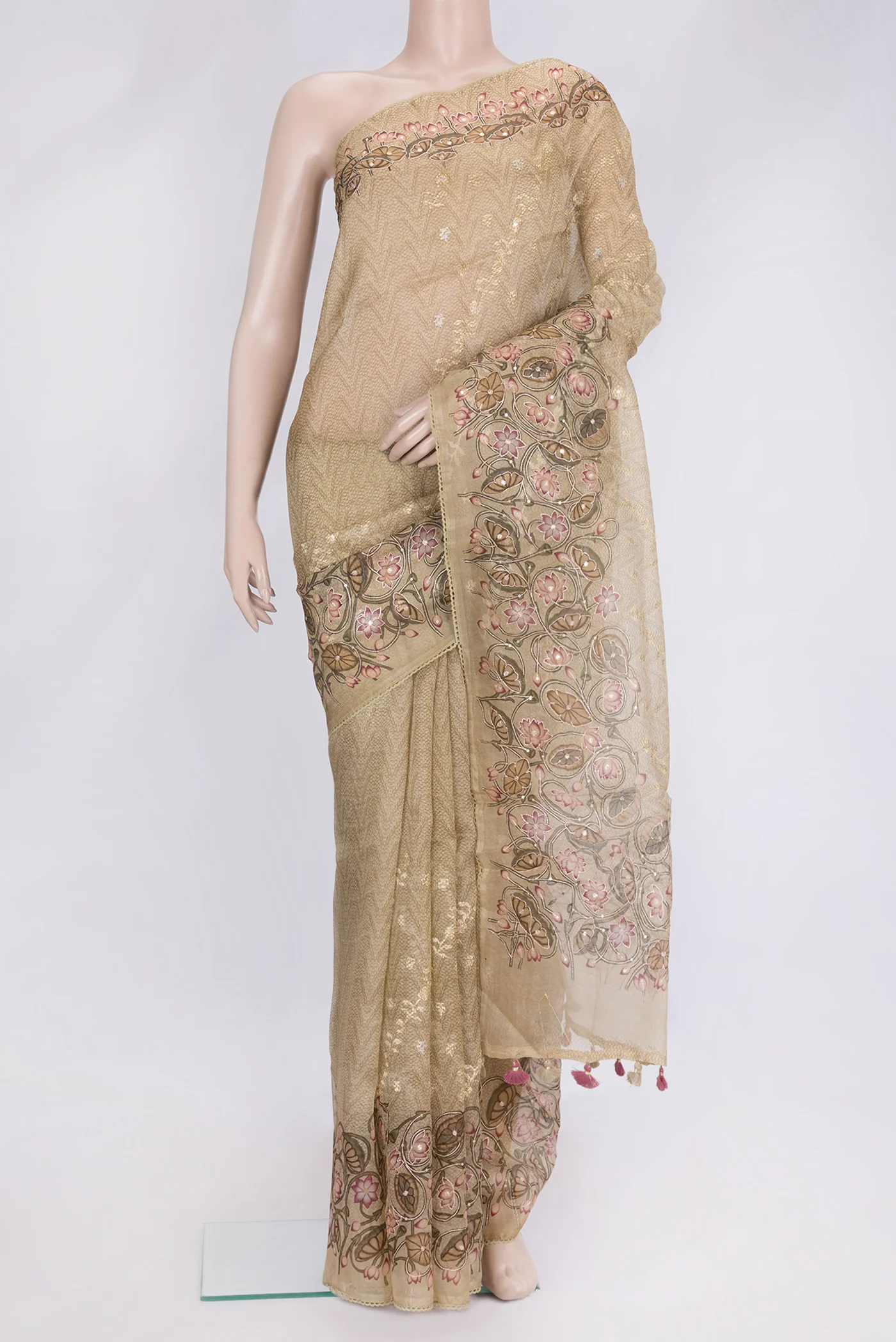 Beige Organza Silk Saree