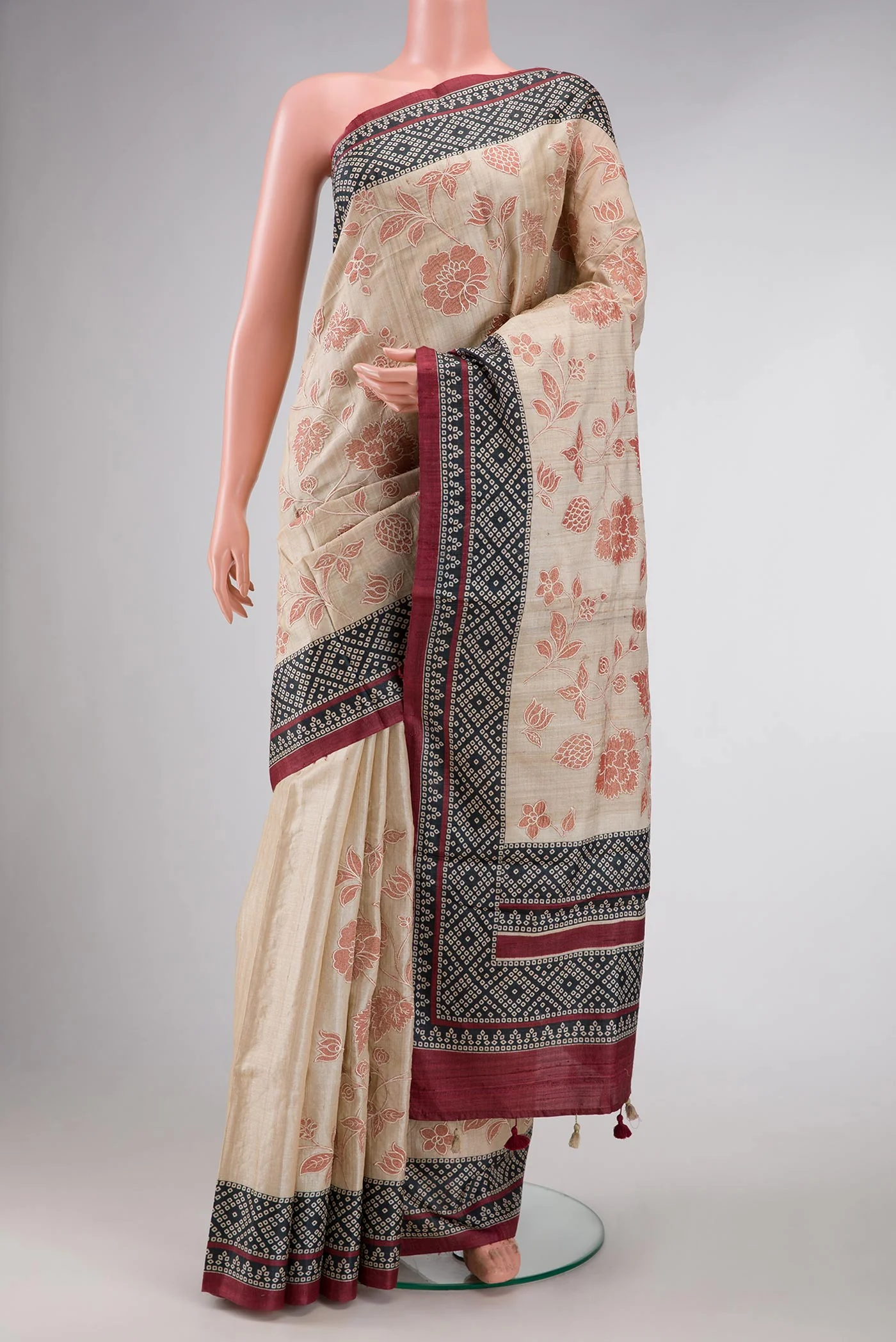 Beige Dual Tone Tussar Silk Saree