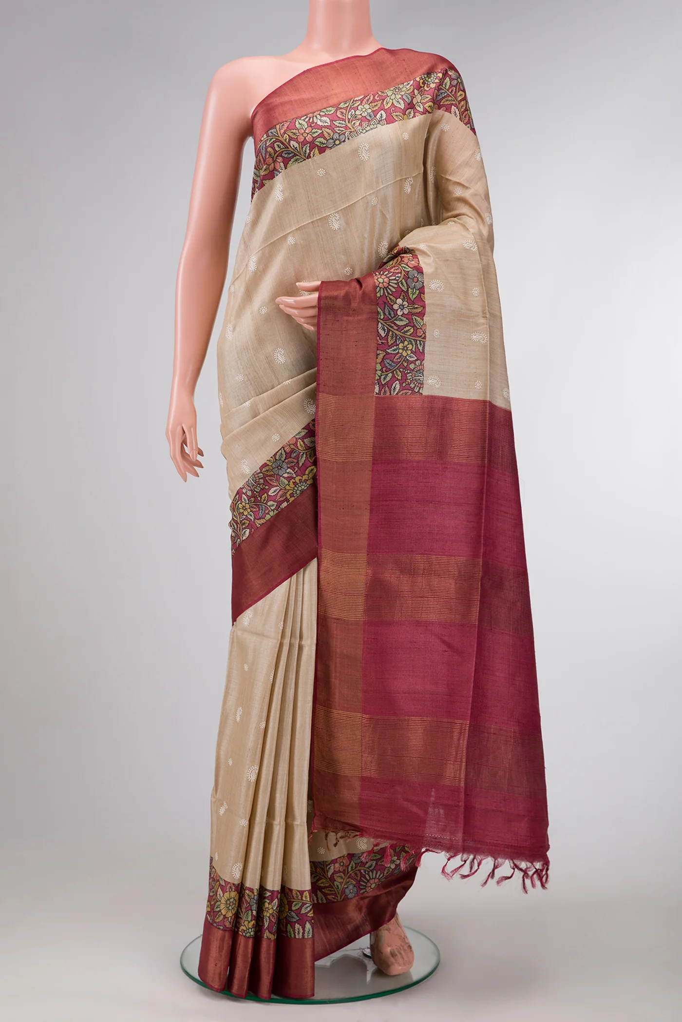 Beige Tussar Silk Saree