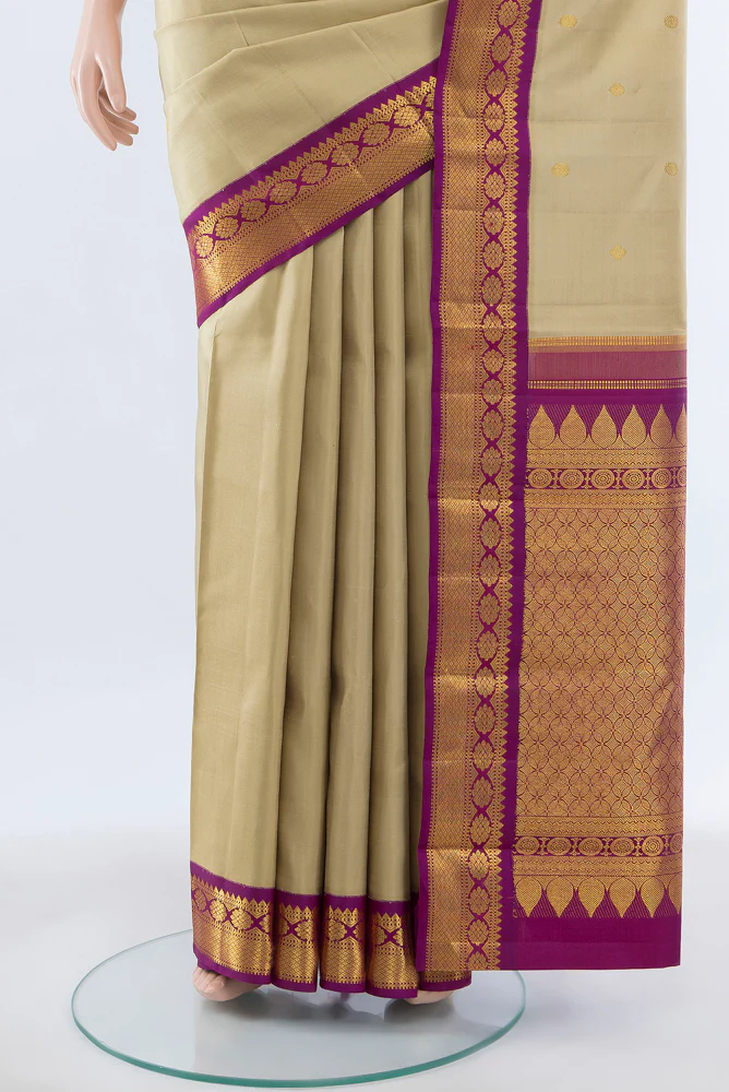 Pure Silk Pure Zari Beige Kanchipuram Saree - Image 3