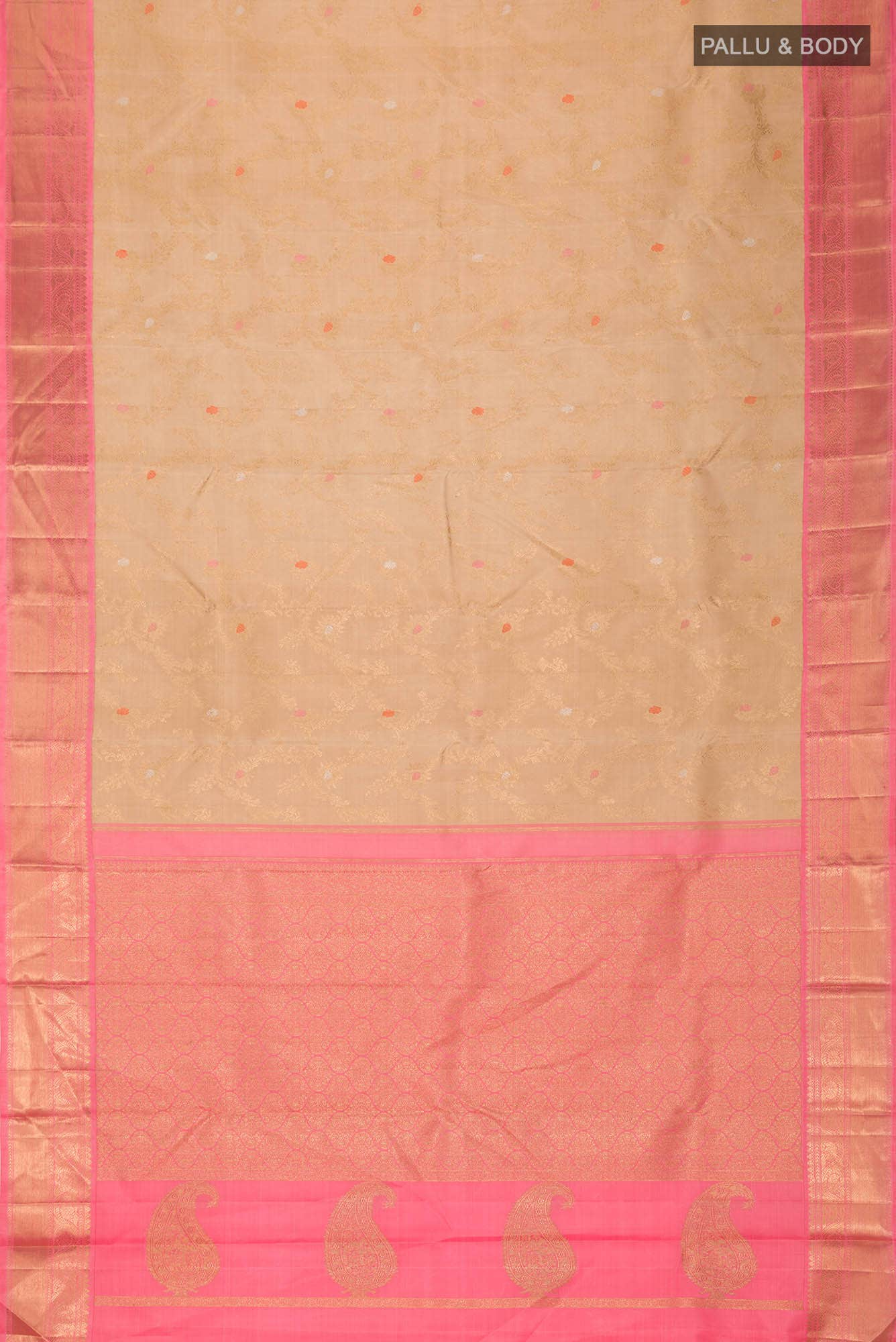 Pure Silk Pure Zari Beige Kanchipuram Saree - Image 4