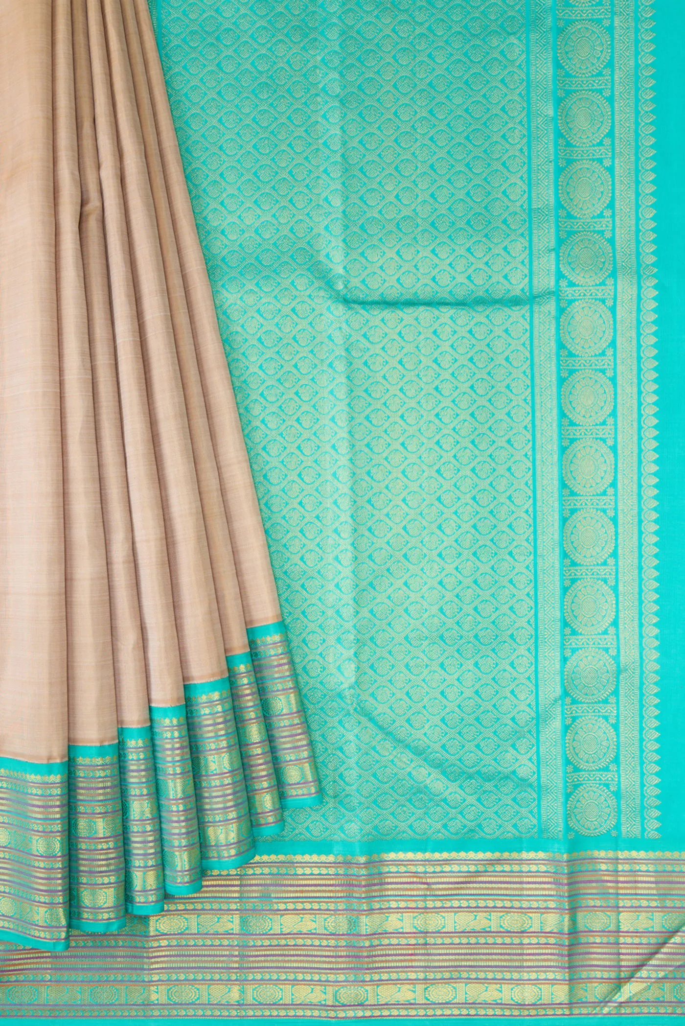 Pure Silk Pure Zari Beige Kanjivaram Saree - Image 4