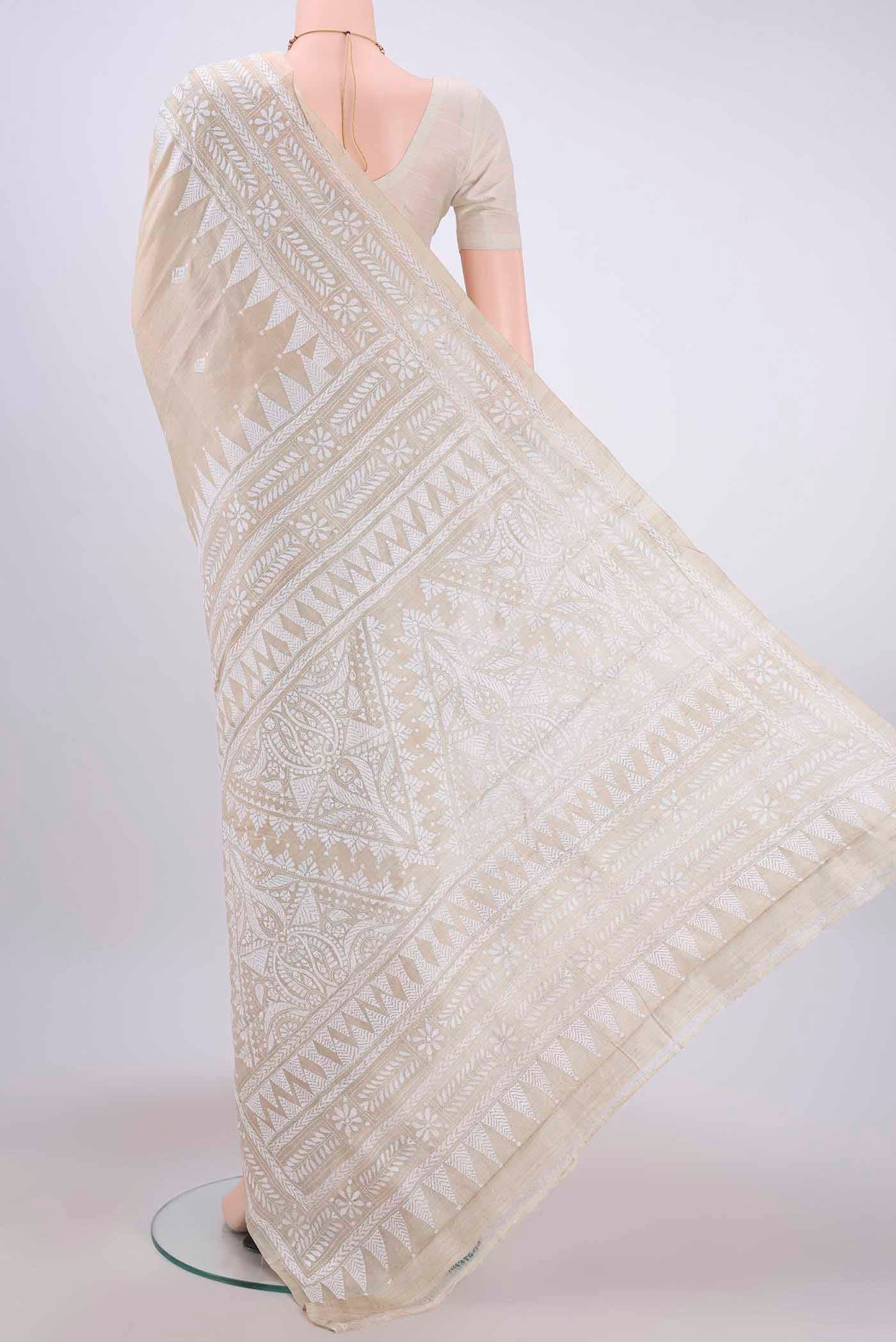 Beige Kantha Silk Saree - Image 3