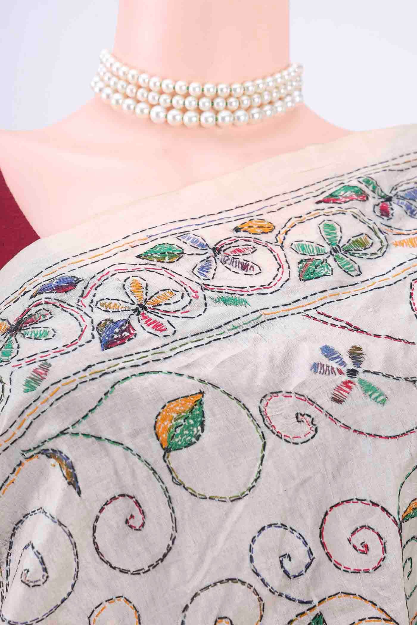 Beige Kantha Silk Saree - Image 2