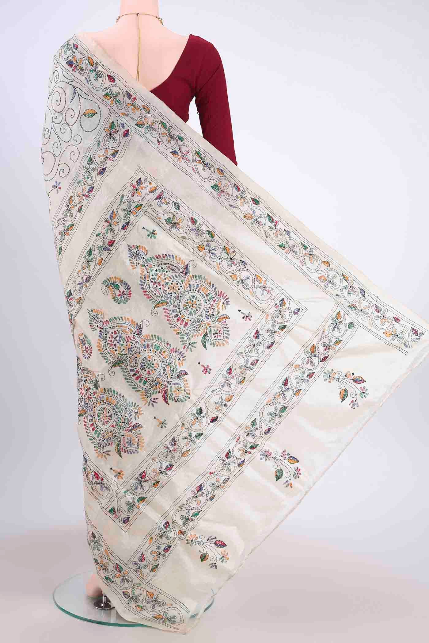 Beige Kantha Silk Saree - Image 3