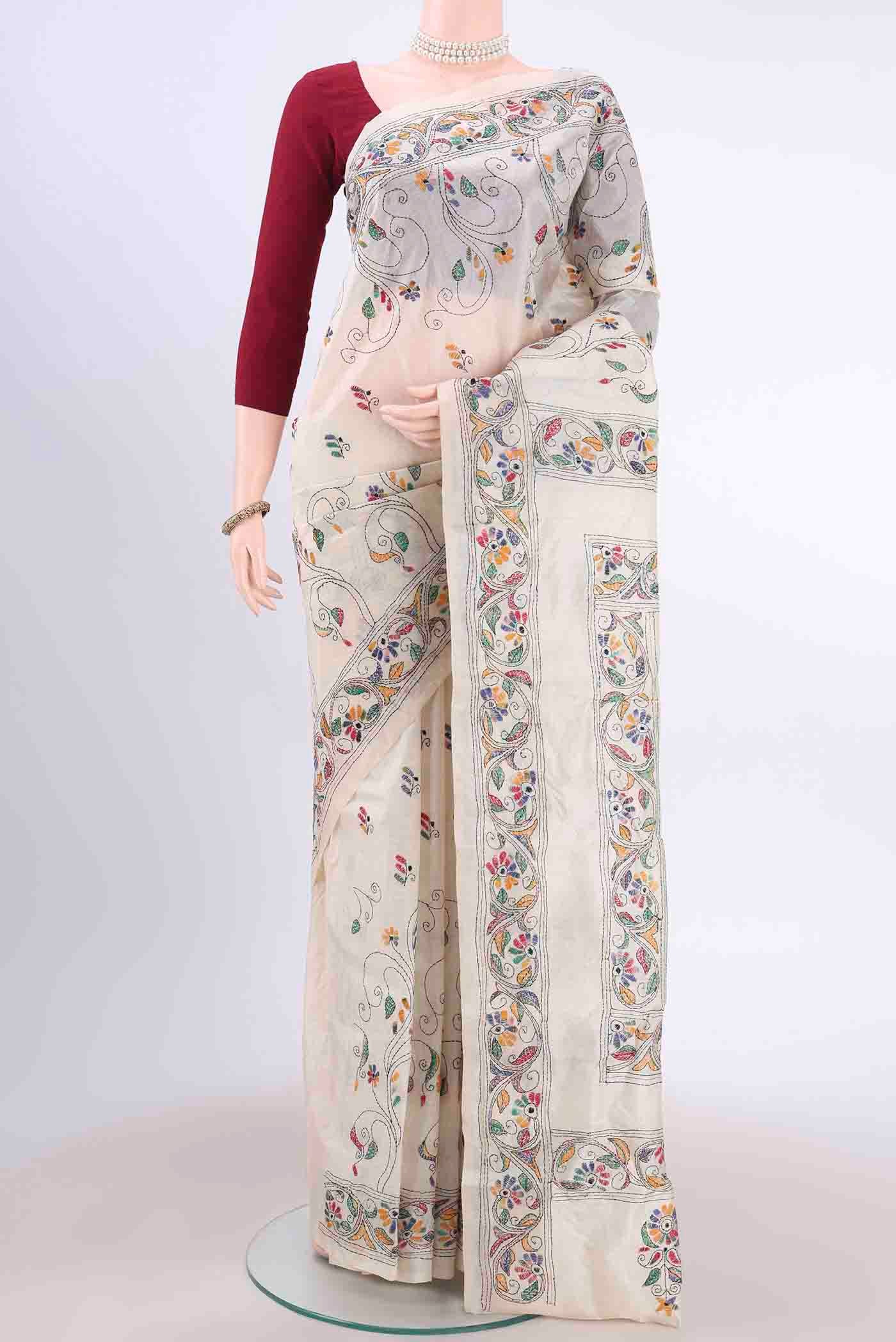 Beige Kantha Silk Saree