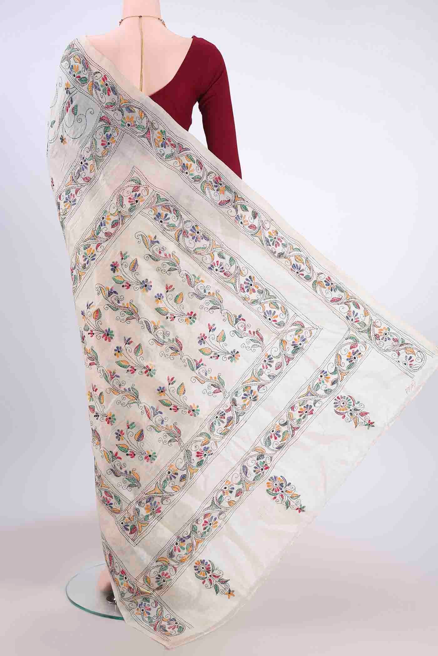Beige Kantha Silk Saree - Image 3