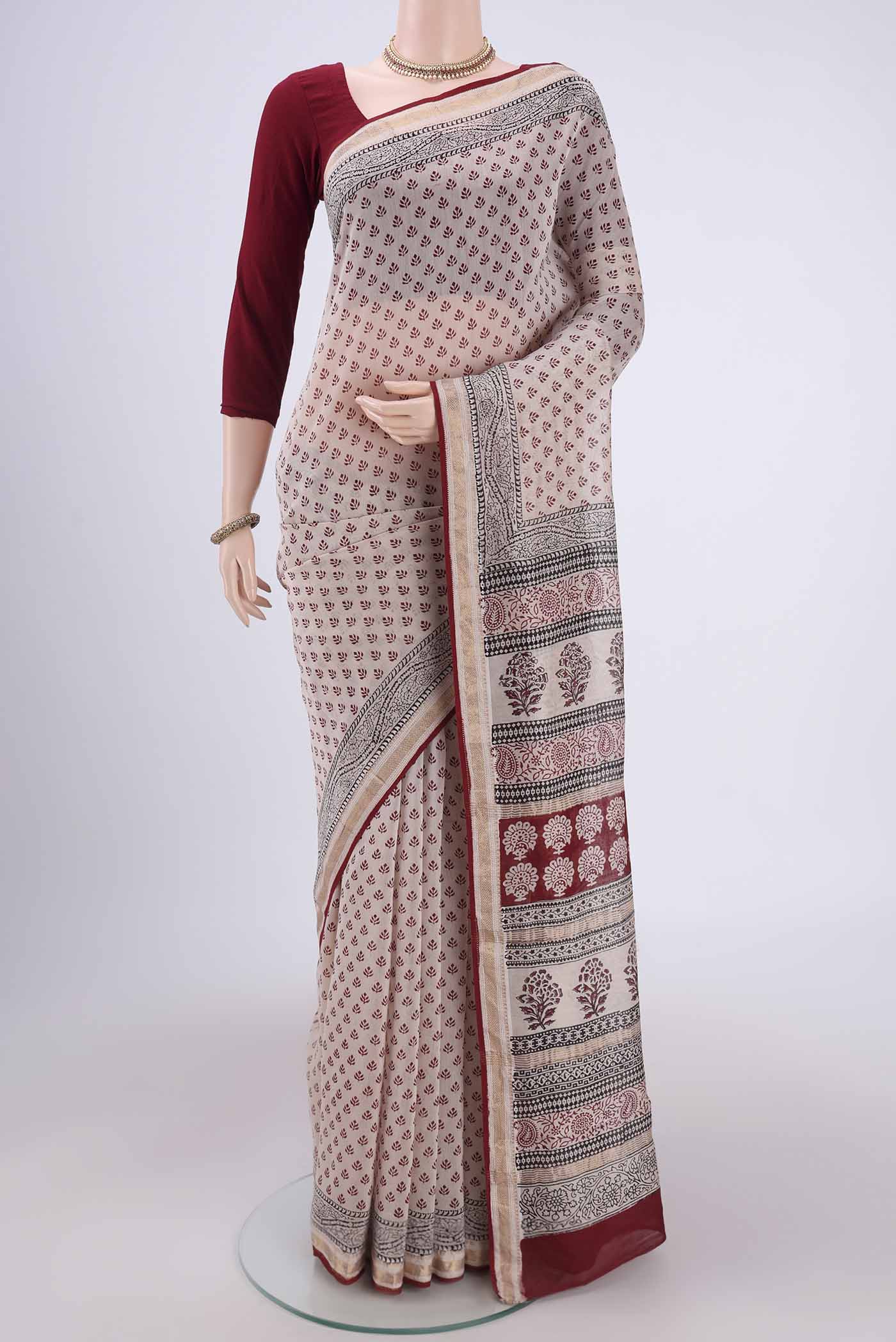 Cream Maheshwari Silk Cotton Saree