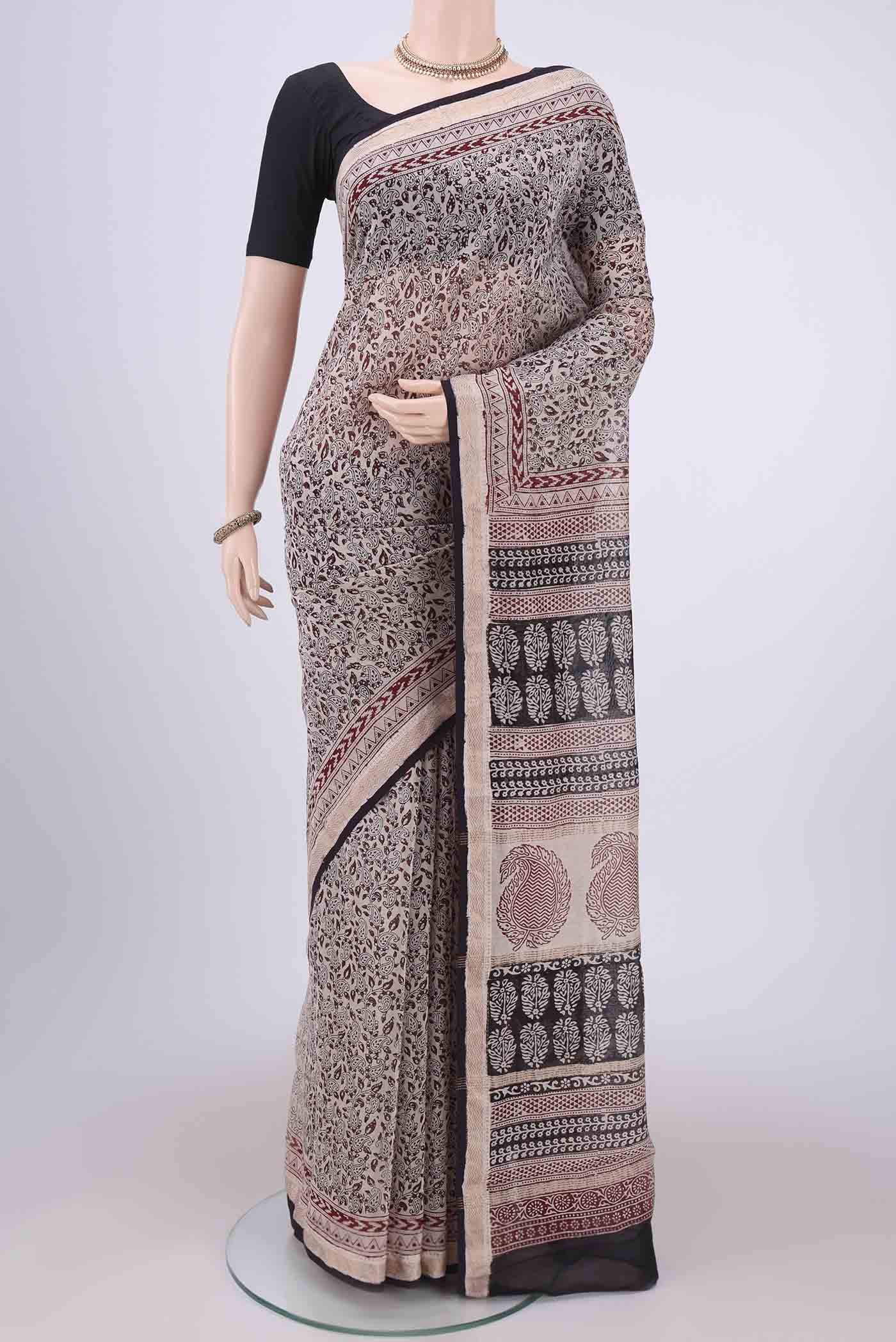 Cream Maheshwari Silk Cotton Saree