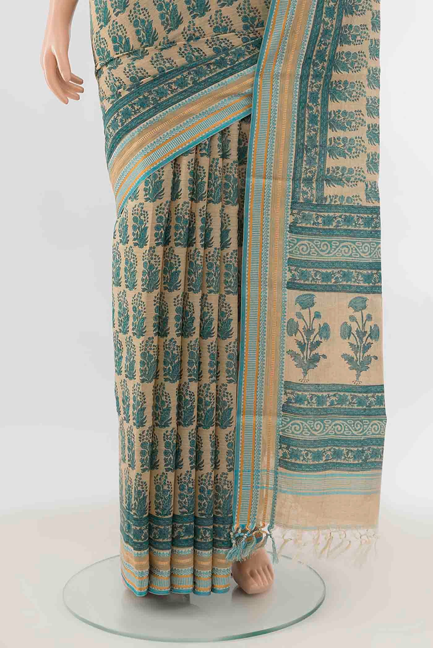 Beige Maheshwari Silk Cotton Saree - Image 3