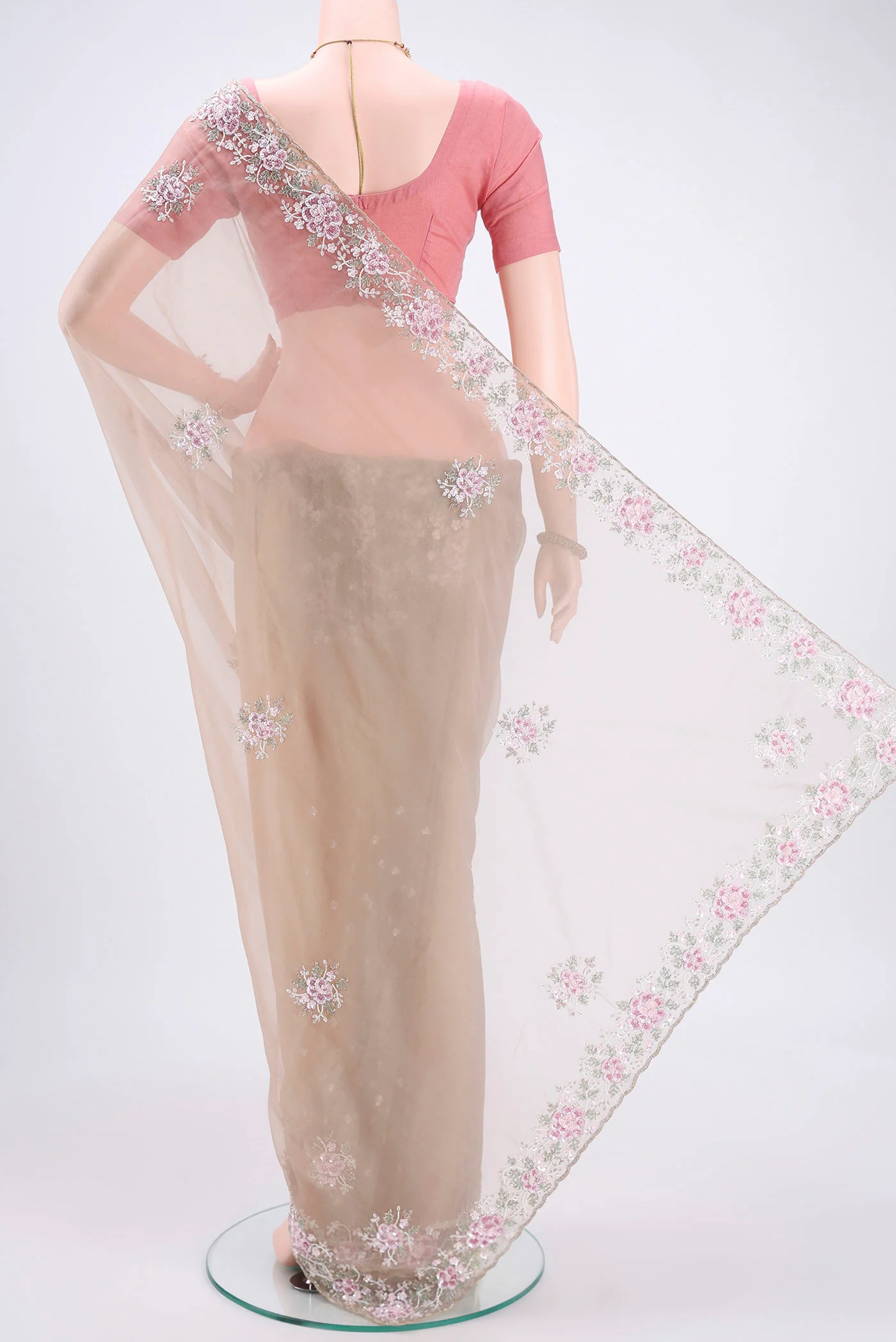 Beige Organza Silk Saree - Image 3