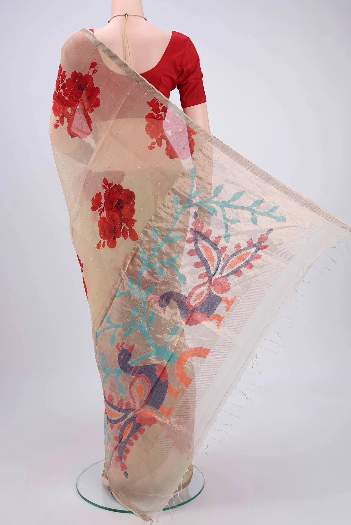 Beige Organza Silk Saree - Image 3