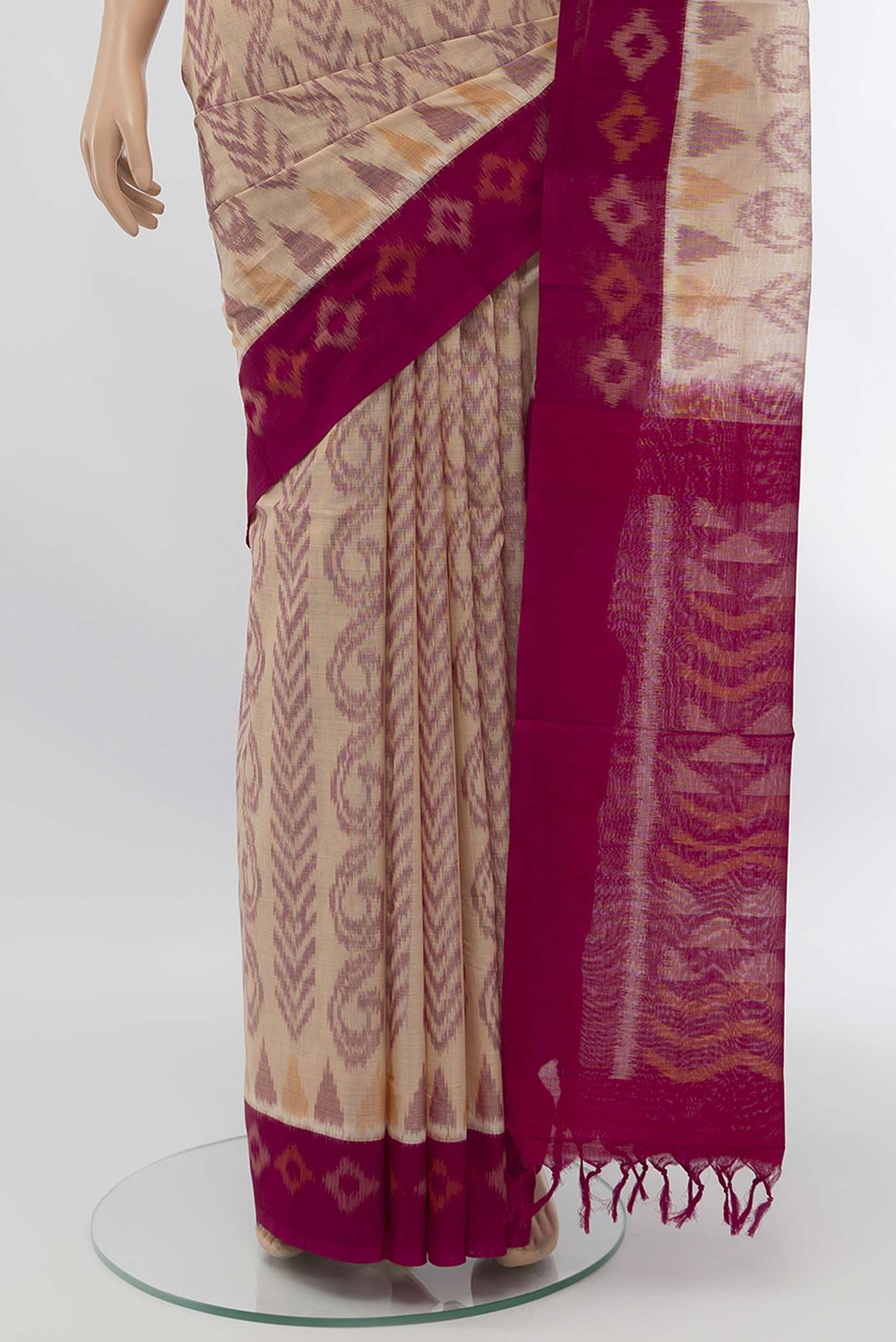 Beige Pochampally Cotton Saree - Image 3