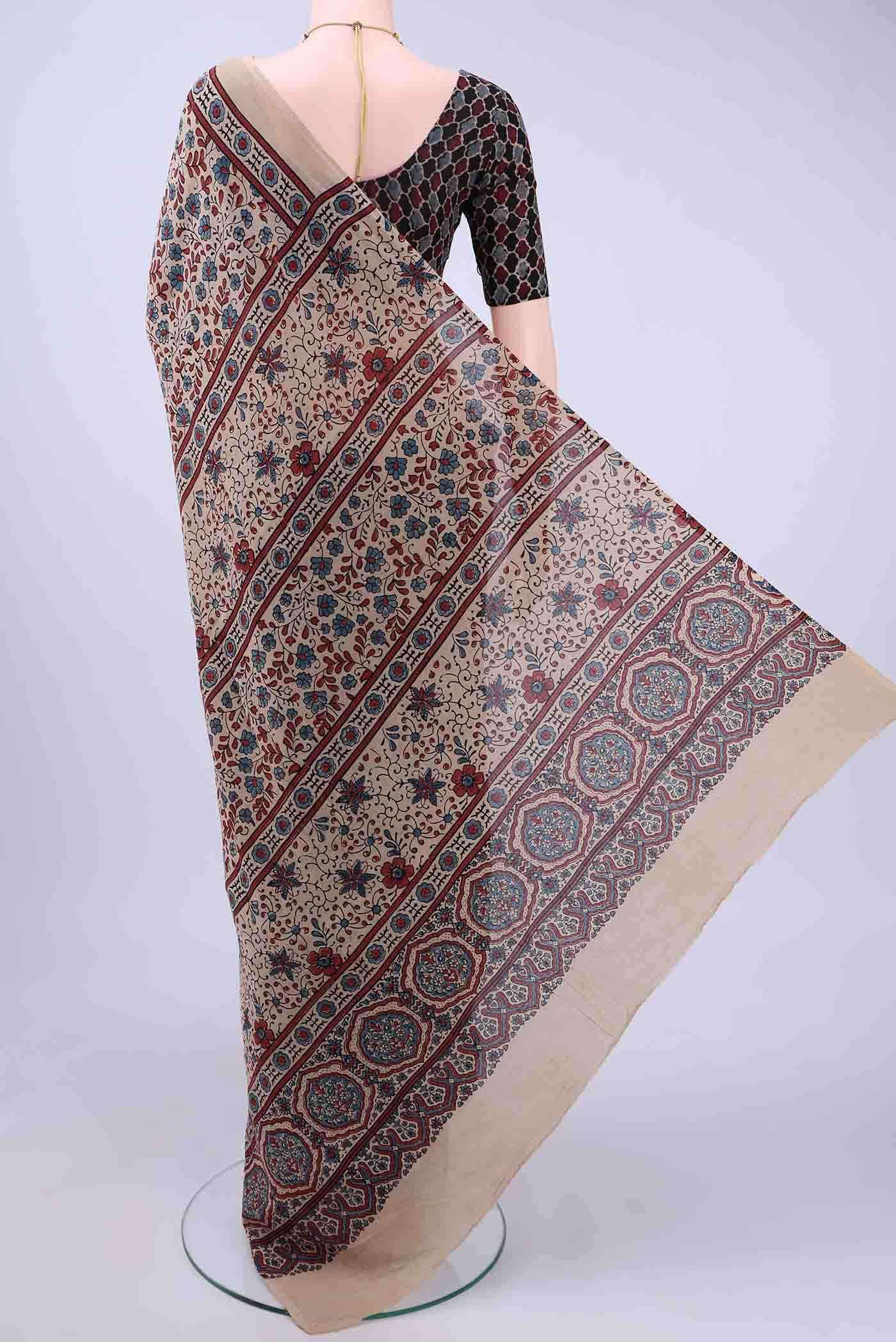 Beige Printed Cotton Saree - Image 2