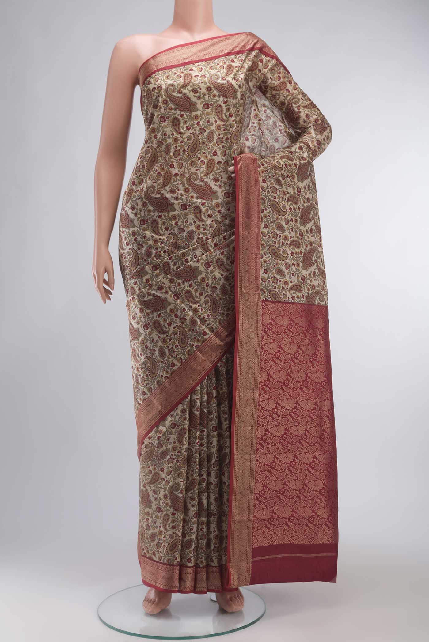 Beige Printed Silk Saree